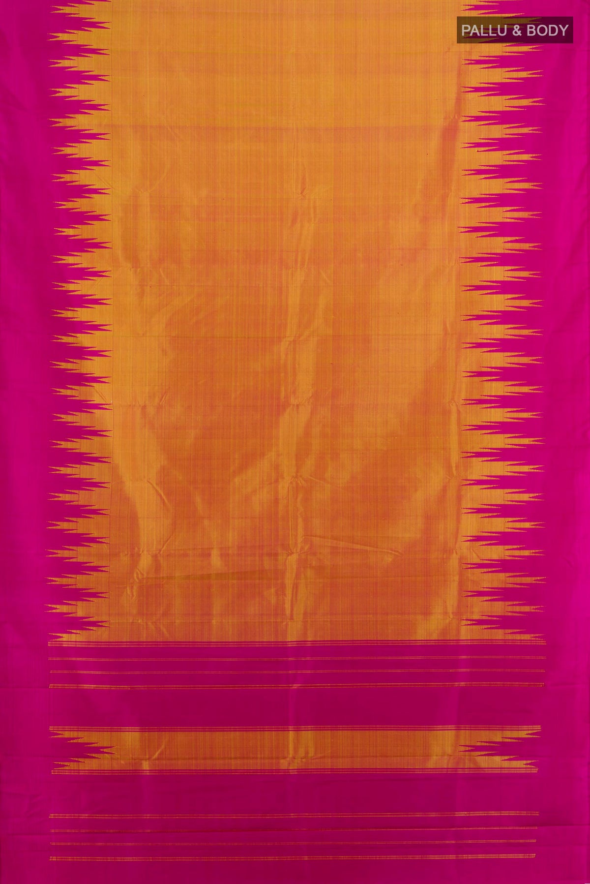 Flat view of Pure Silk Peach Kanjivaram Saree with Plain Body and Silk Border. 