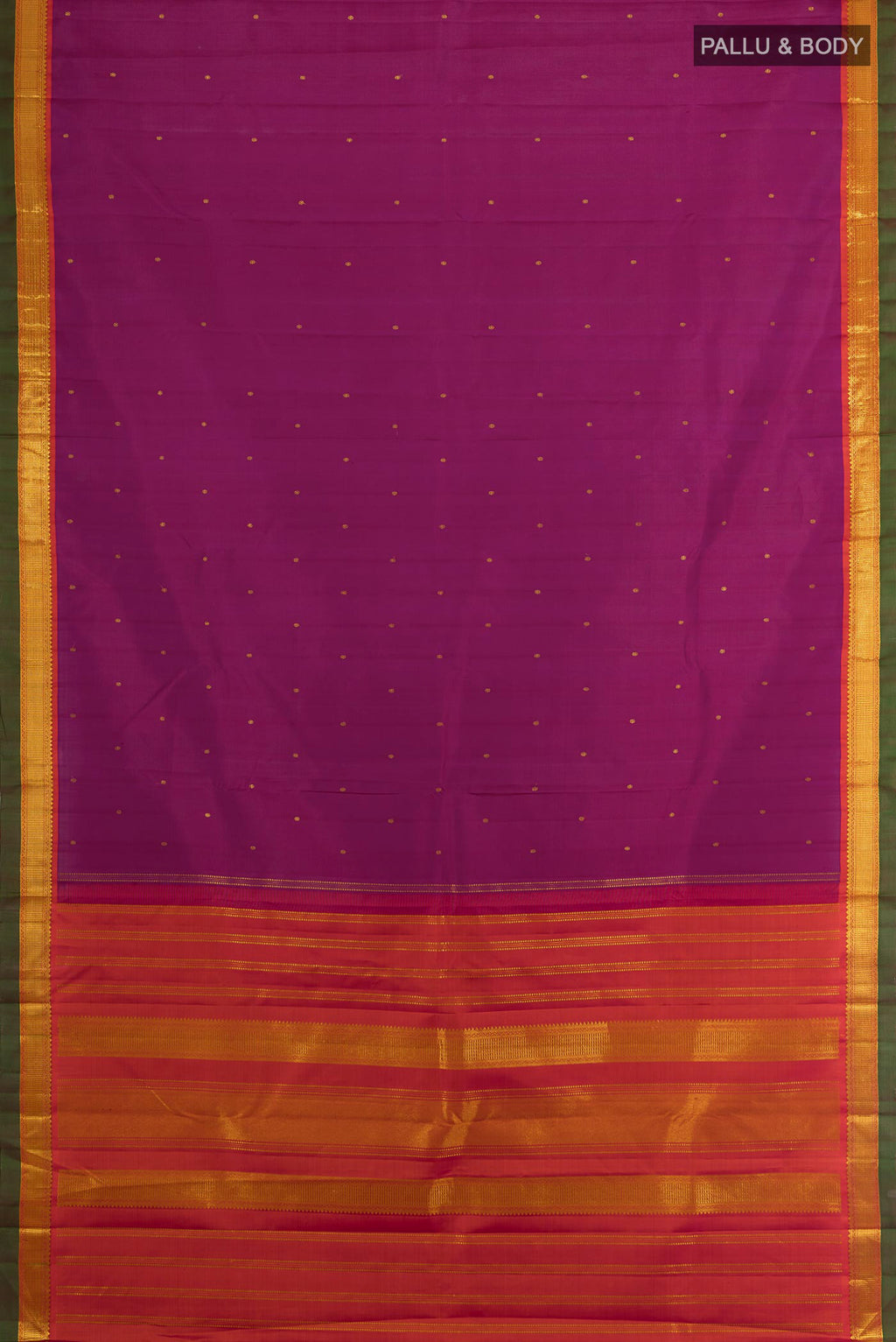Flat view of Purple Kanchipuram Silk Saree with Zari Butta on the body and Zari Border. 
