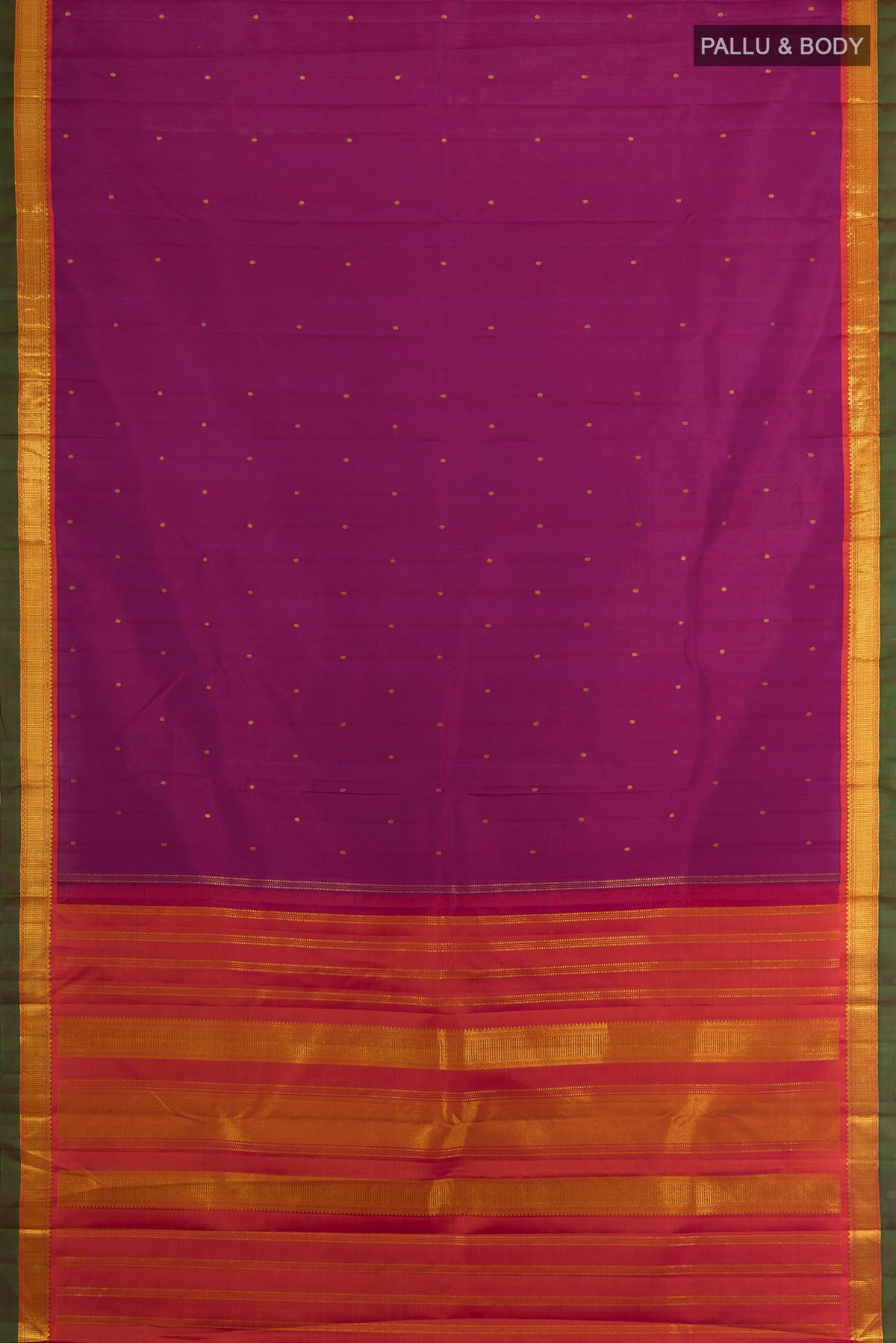 Flat view of Purple Kanchipuram Silk Saree with Zari Butta on the body and Zari Border. 