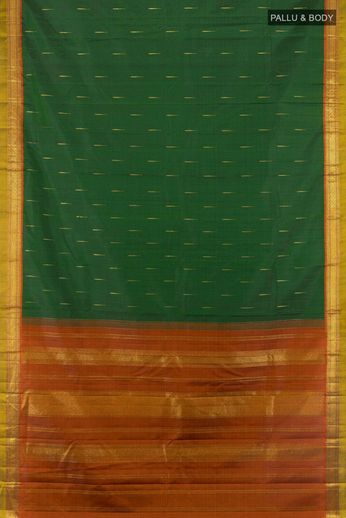 Flat view of Pure Silk Bottle Green Kanchipuram Saree with Zari Butta on the body and Zari Border. 
