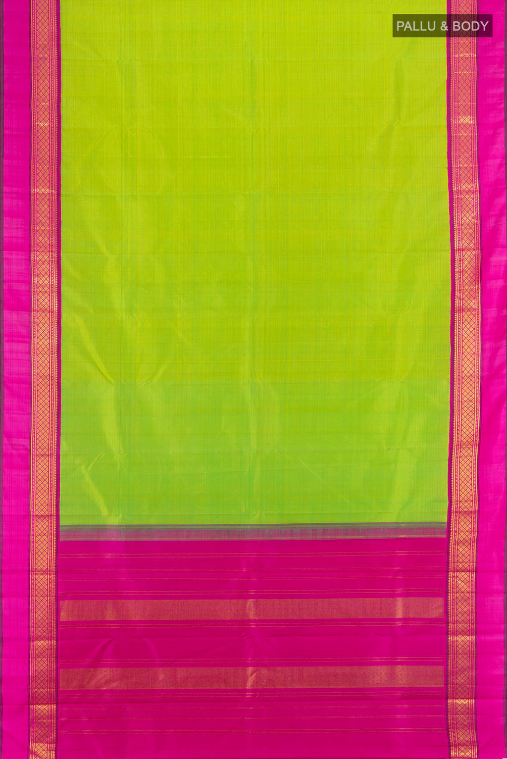 Flat view of Pure Silk Parrot Green Kanjivaram Saree with Plain Body and Zari Border. 