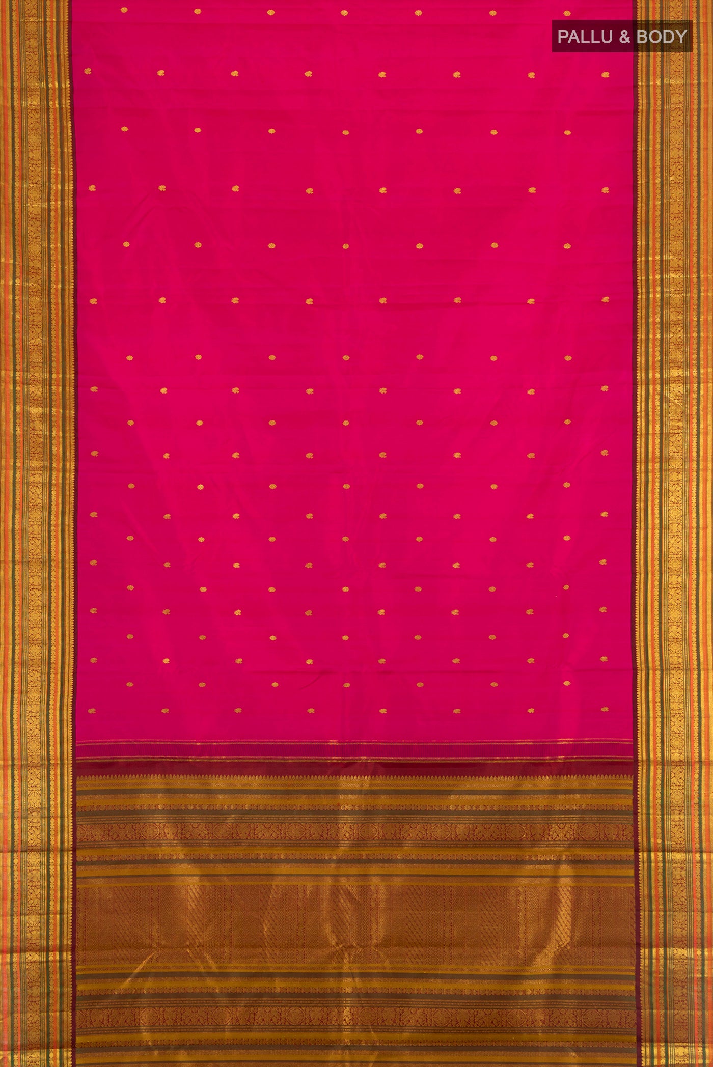 Flat view of Pink Kanjivaram Silk Saree with Zari Butta on the body and Zari Border. 
