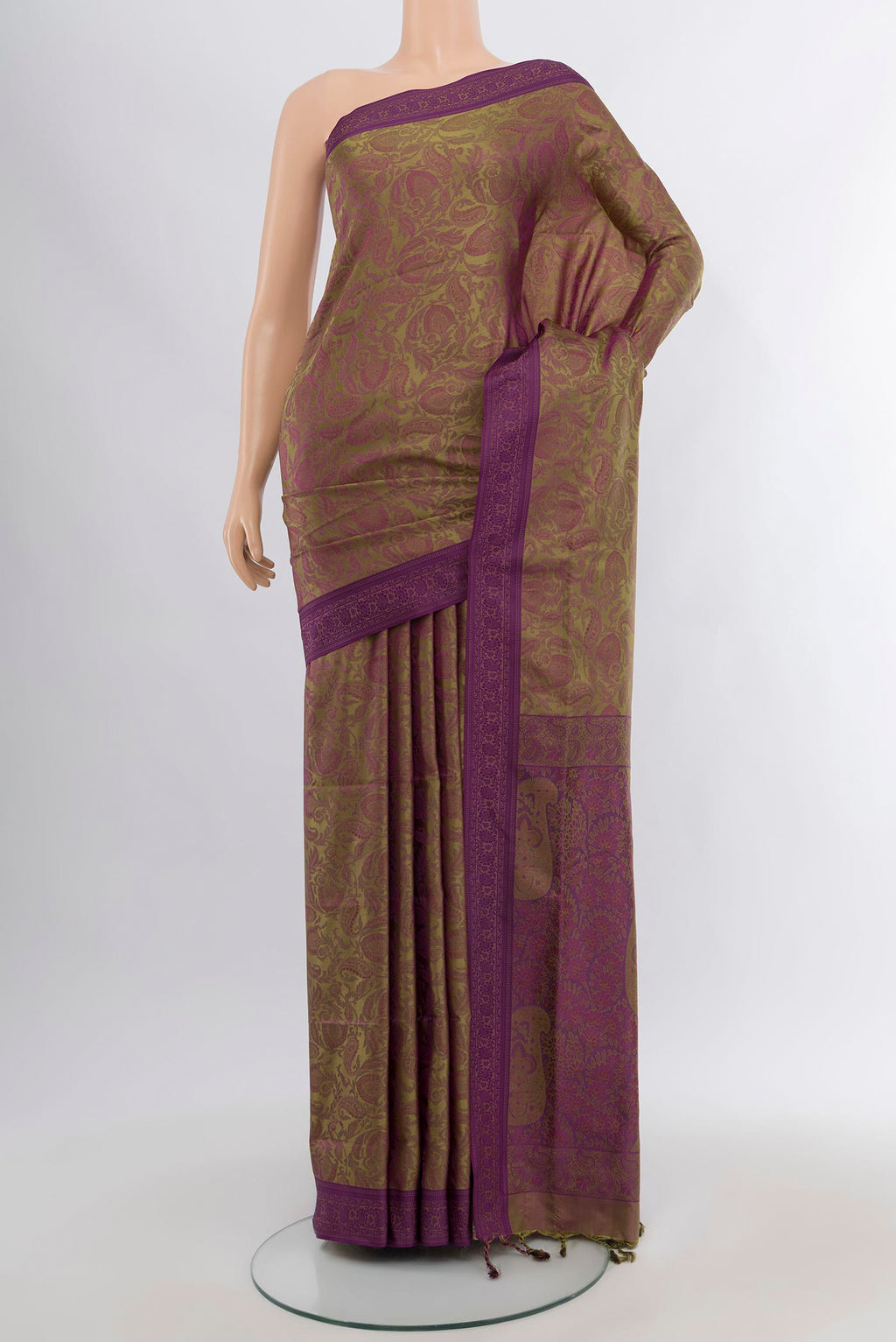 Multi Color Soft Silk Saree with Jacquard design on the body and Thread Border.  displayed on a mannequin