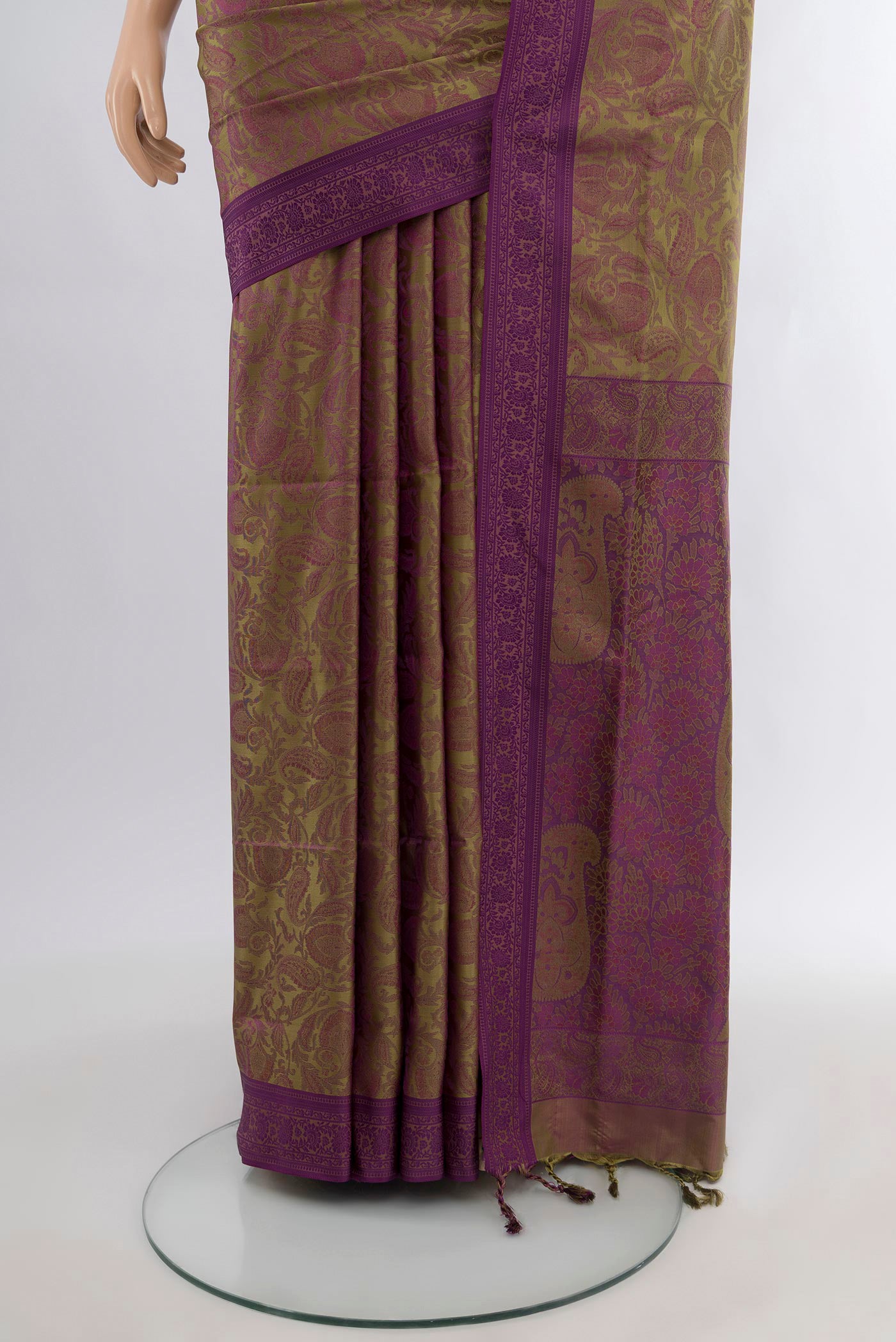 Pleats and pallu of Multi Color Soft Silk Saree with Jacquard design on the body and Thread Border. 
