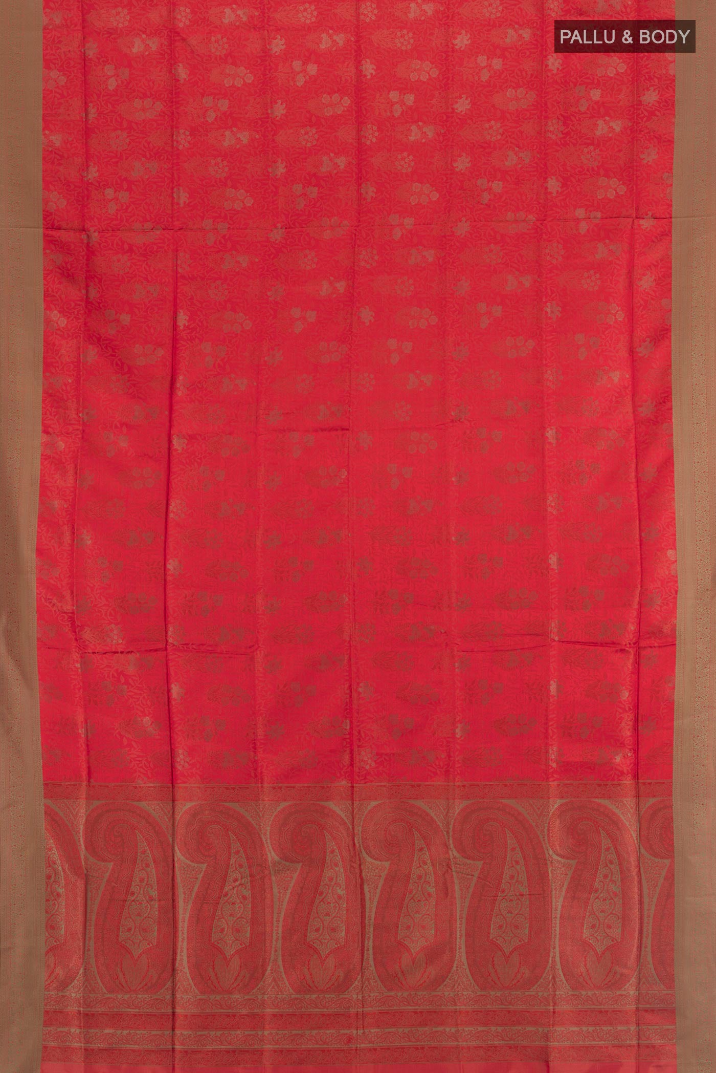 Flat view of Rust Soft Silk Saree with Jacquard design on the body and Thread Border. 