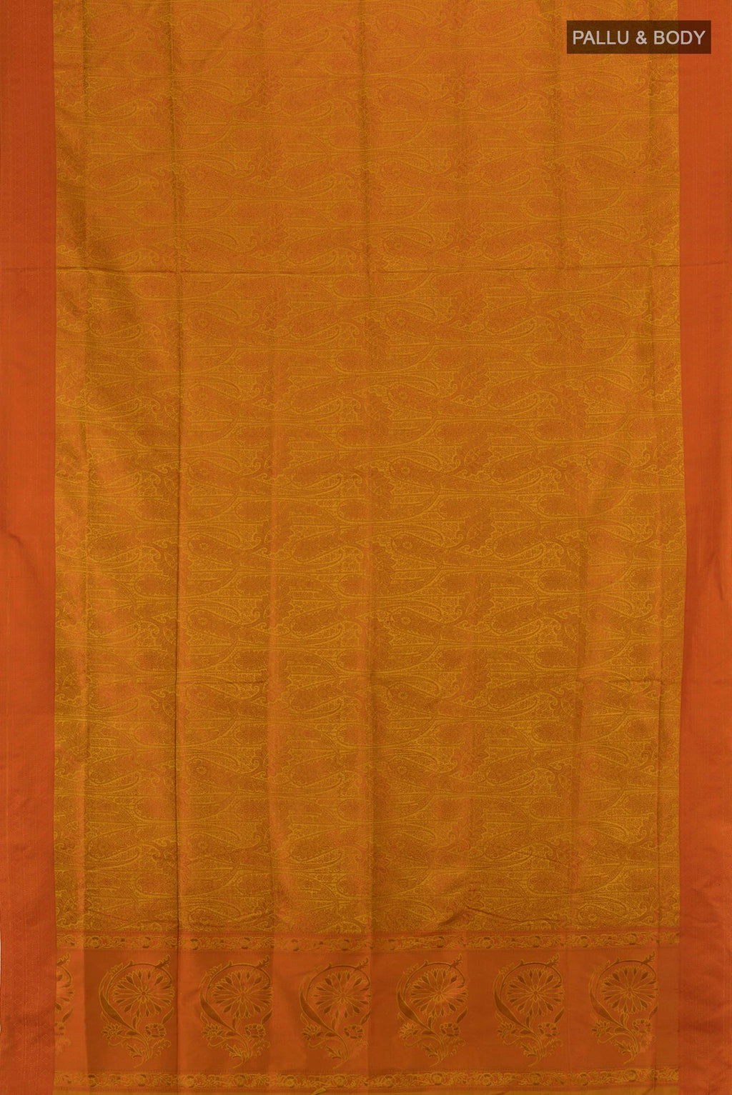 Flat view of Mustard Soft Silk Saree with Jacquard design on the body and Thread Border. 