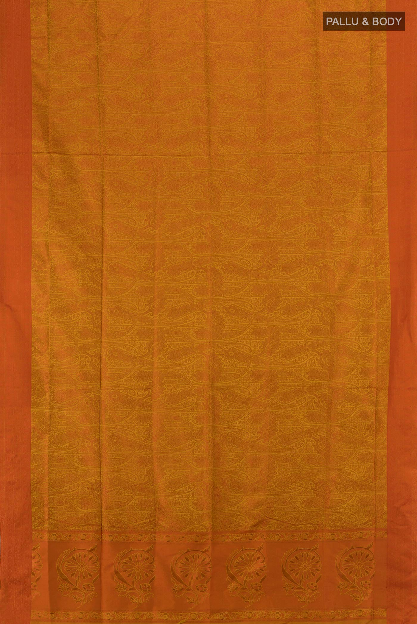 Flat view of Mustard Soft Silk Saree with Jacquard design on the body and Thread Border. 