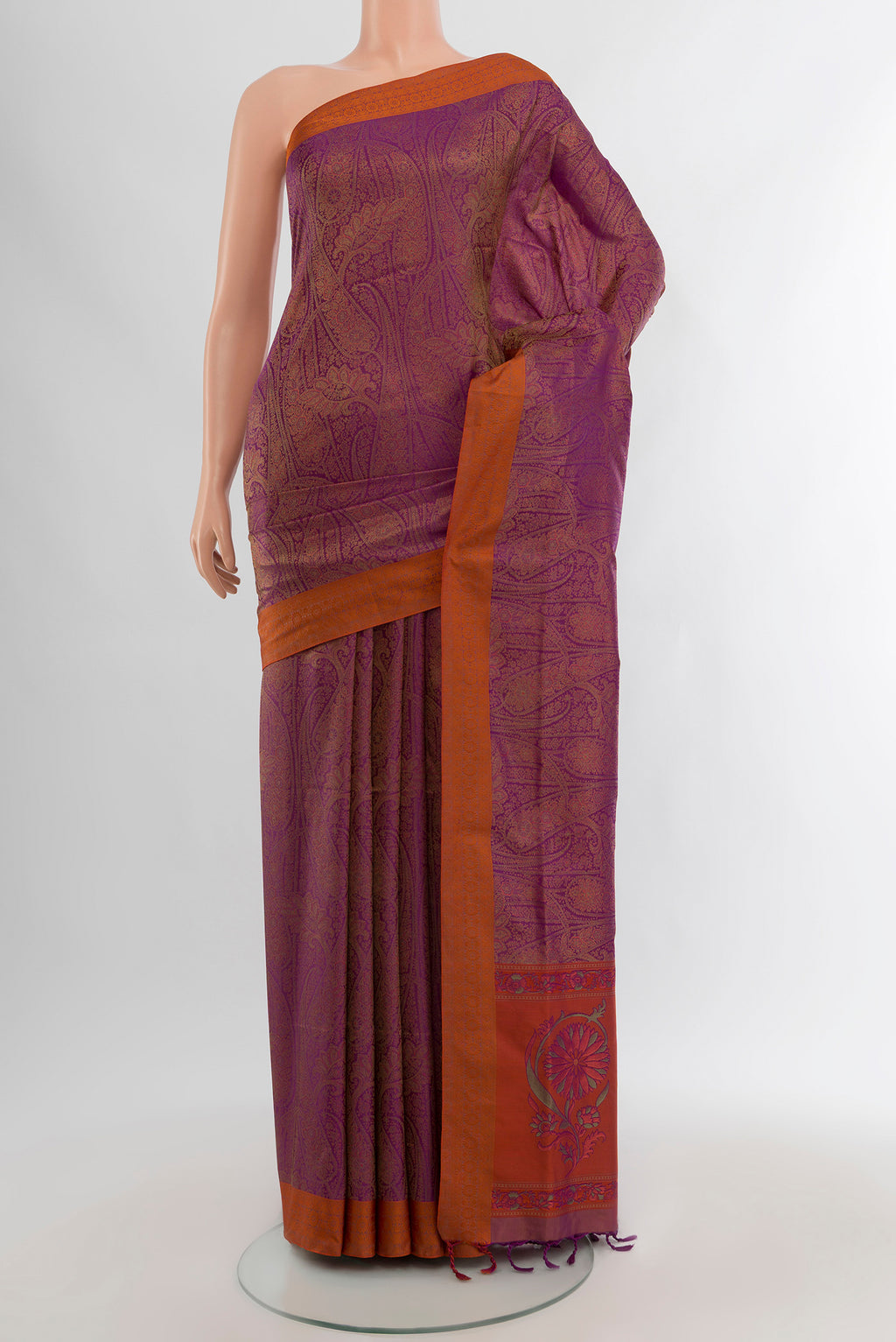 Violet Soft Silk Saree with Jacquard design on the body and Thread Border.  displayed on a mannequin