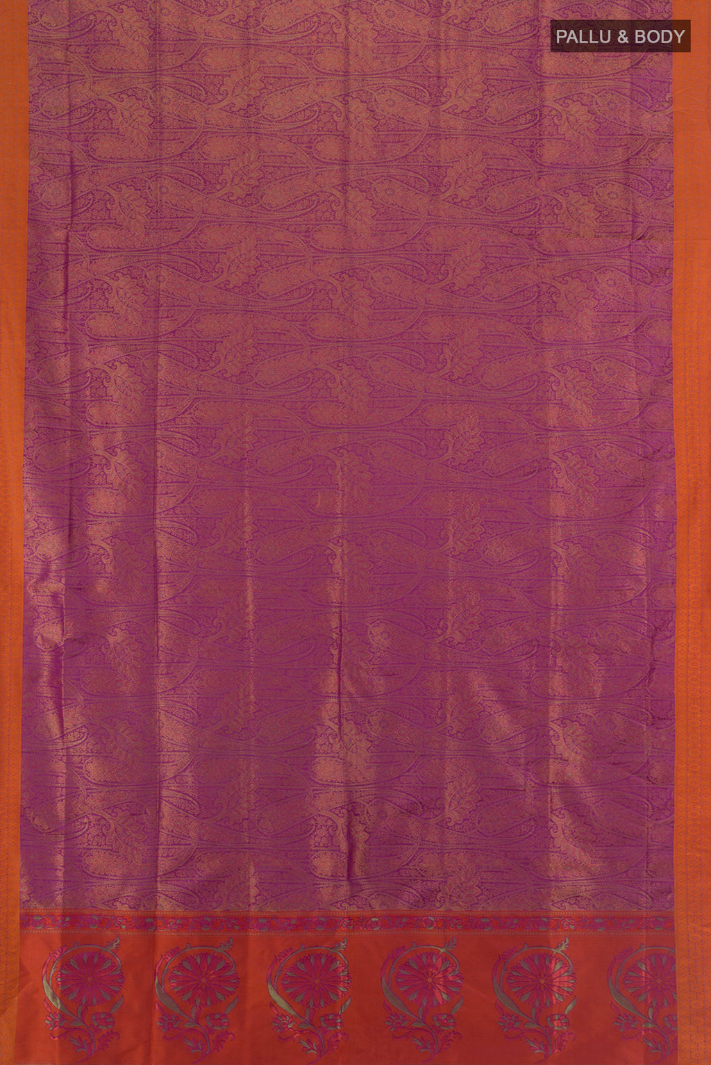 Flat view of Violet Soft Silk Saree with Jacquard design on the body and Thread Border. 