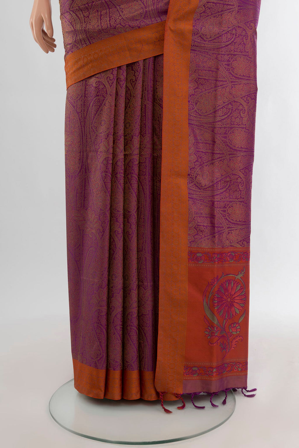 Pleats and pallu of Violet Soft Silk Saree with Jacquard design on the body and Thread Border. 