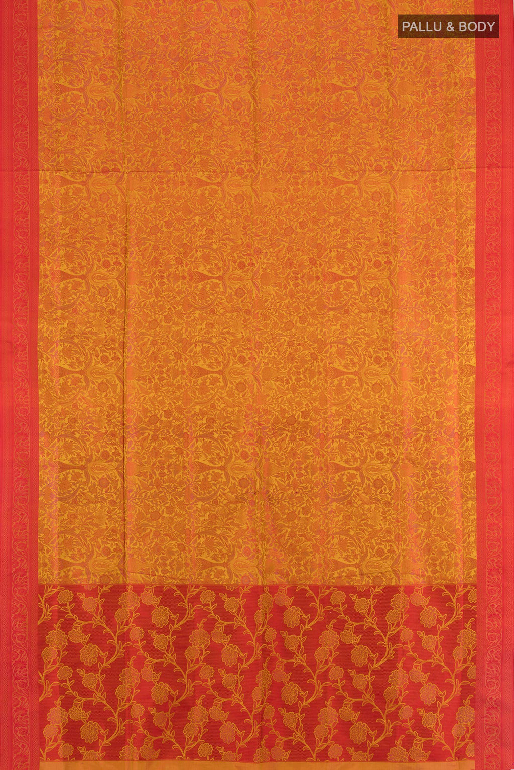 Flat view of Mustard Soft Silk Saree with Jacquard design on the body and Thread Border. 