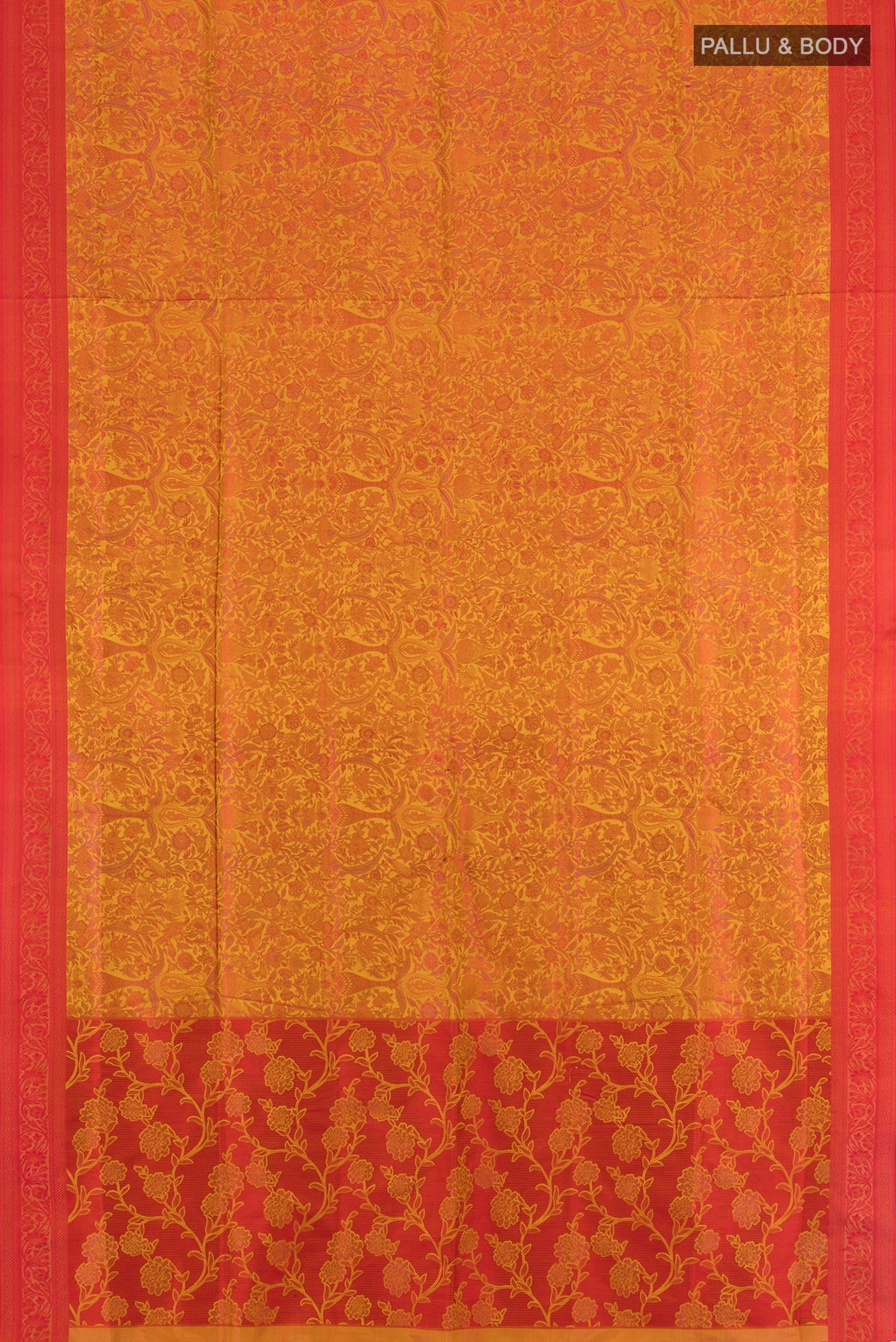 Flat view of Mustard Soft Silk Saree with Jacquard design on the body and Thread Border. 