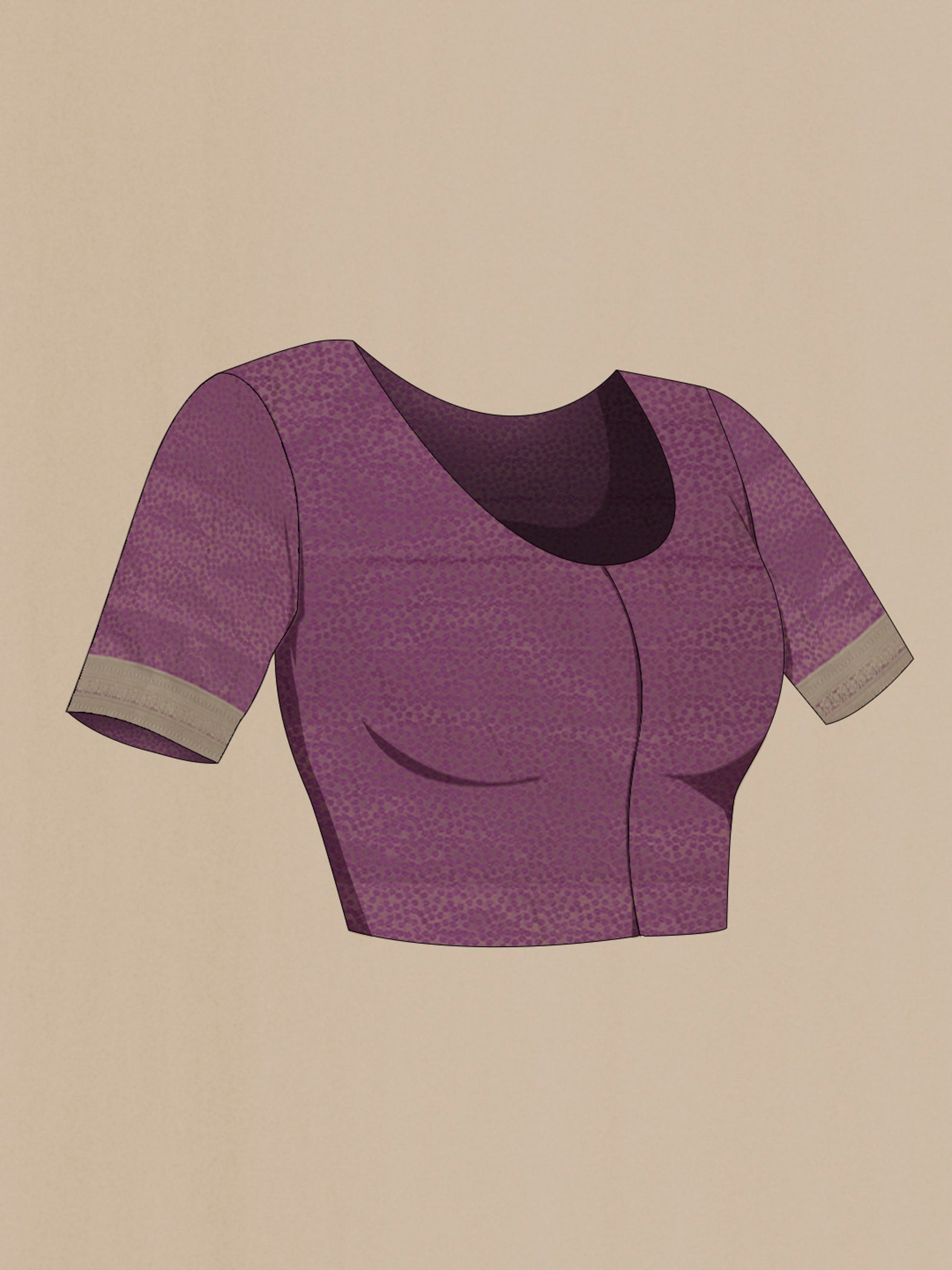 Close up image of the blouse of Violet Soft Silk Saree with Jacquard design on the body and Thread Border. 