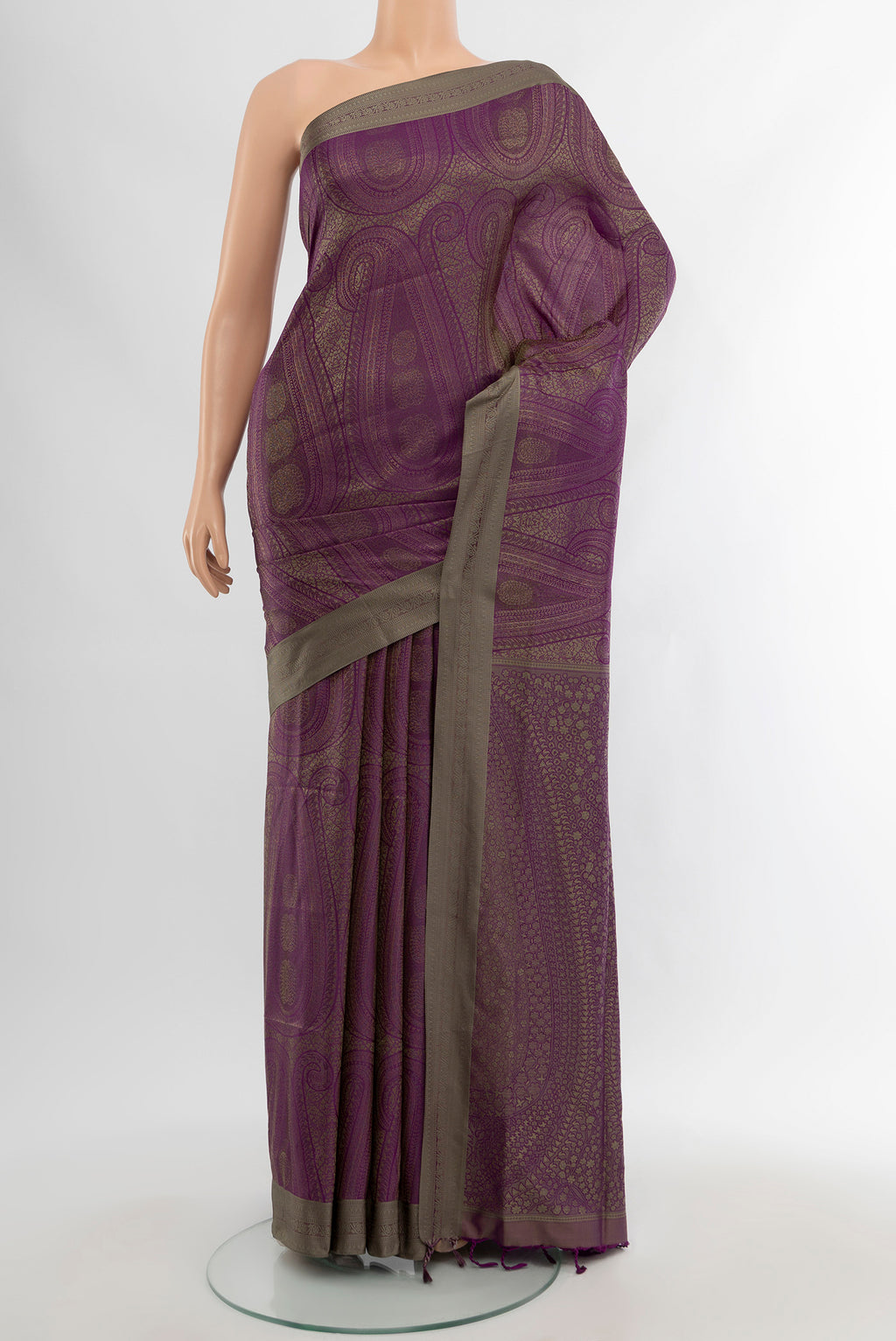 Violet Soft Silk Saree with Jacquard design on the body and Thread Border.  displayed on a mannequin
