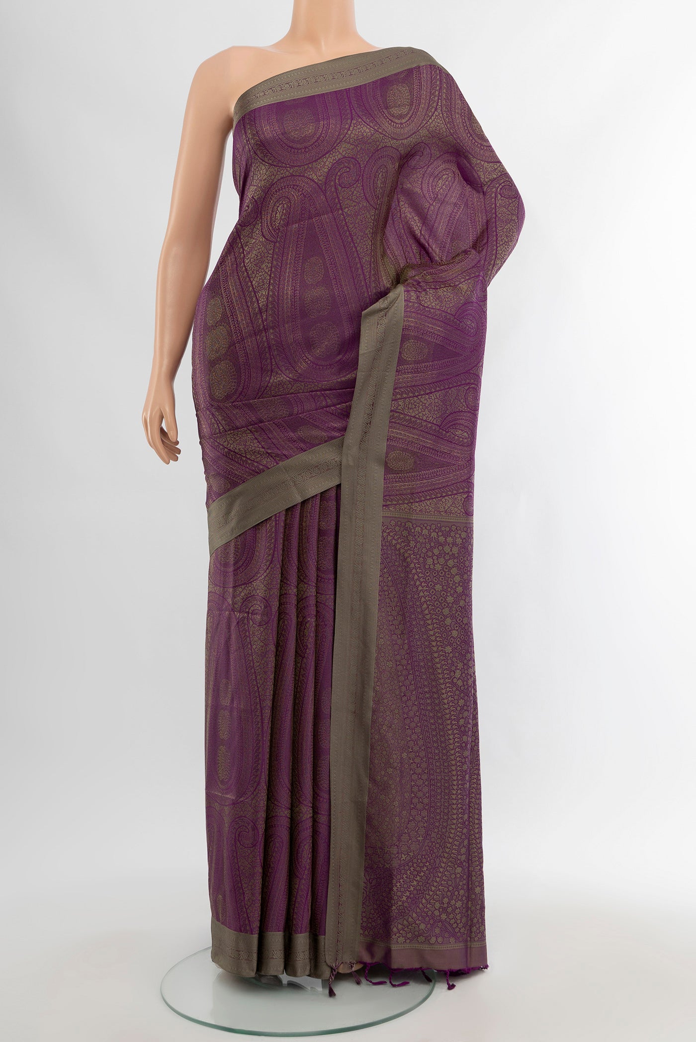 Violet Soft Silk Saree with Jacquard design on the body and Thread Border.  displayed on a mannequin