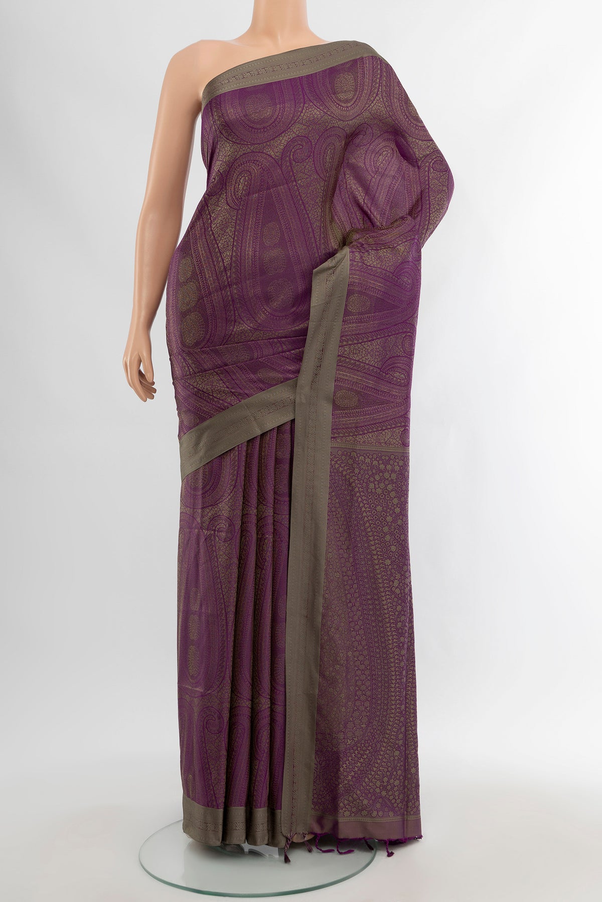 Violet Soft Silk Saree with Jacquard design on the body and Thread Border.  displayed on a mannequin