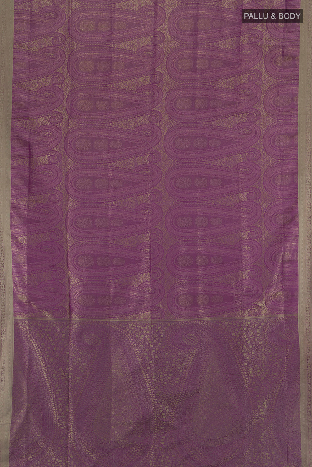 Flat view of Violet Soft Silk Saree with Jacquard design on the body and Thread Border. 