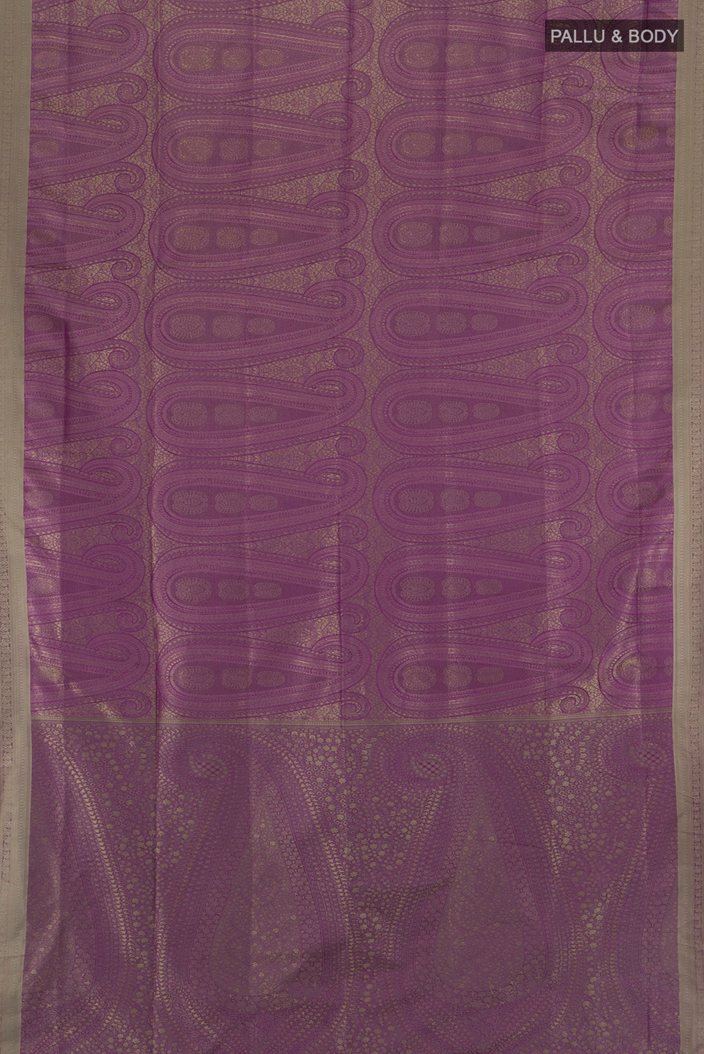 Flat view of Violet Soft Silk Saree with Jacquard design on the body and Thread Border. 