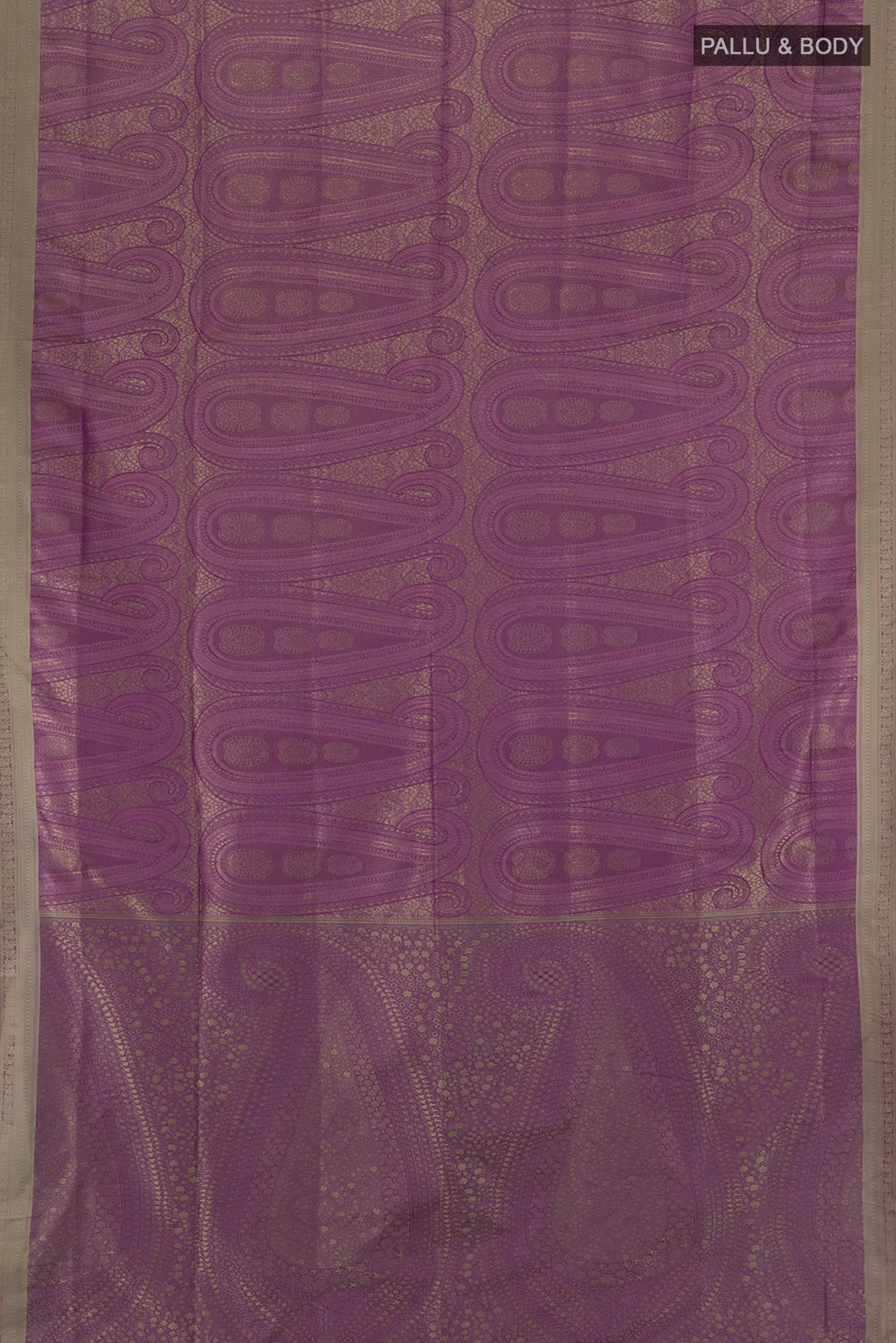 Flat view of Violet Soft Silk Saree with Jacquard design on the body and Thread Border. 