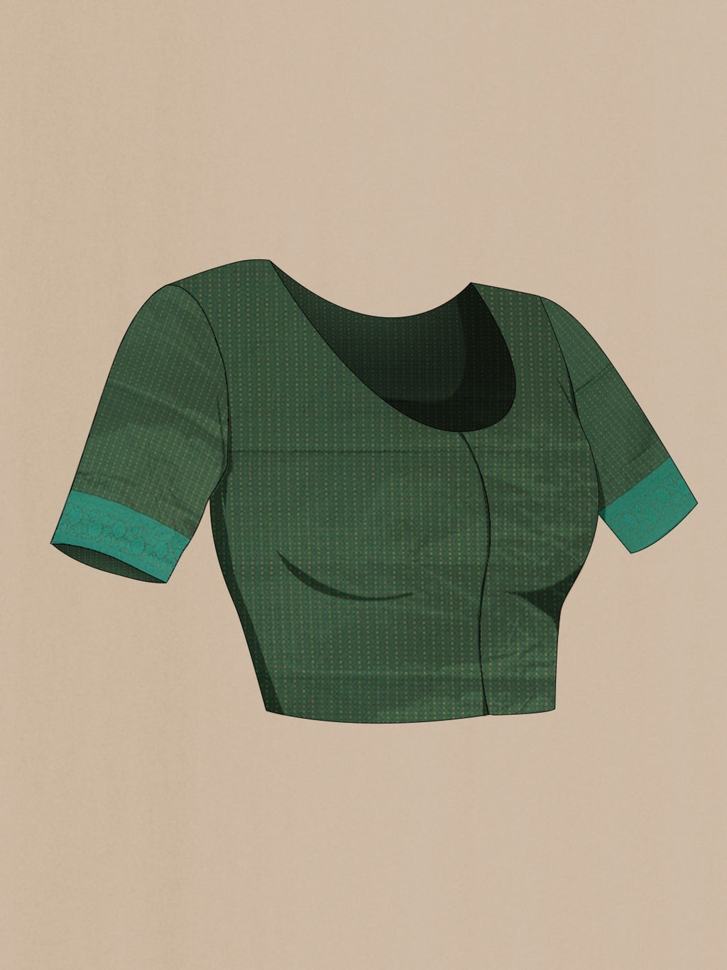 Close up image of the blouse of Bottle Green Soft Silk Saree with Jacquard design on the body and Thread Border. 