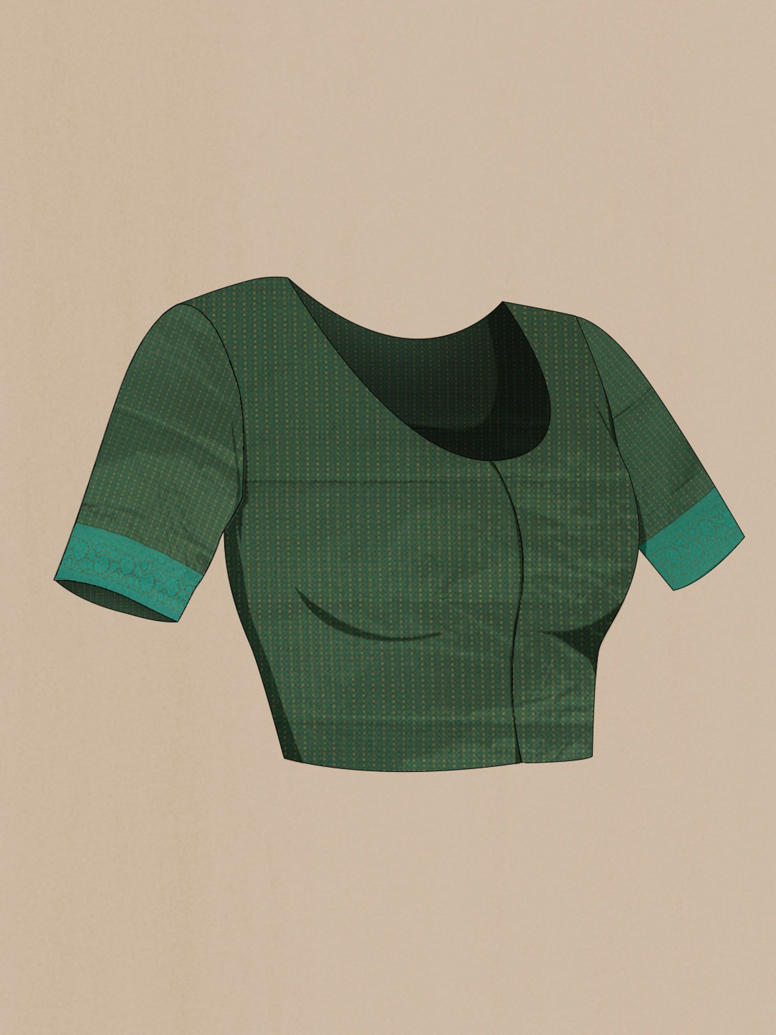 Close up image of the blouse of Bottle Green Soft Silk Saree with Jacquard design on the body and Thread Border. 