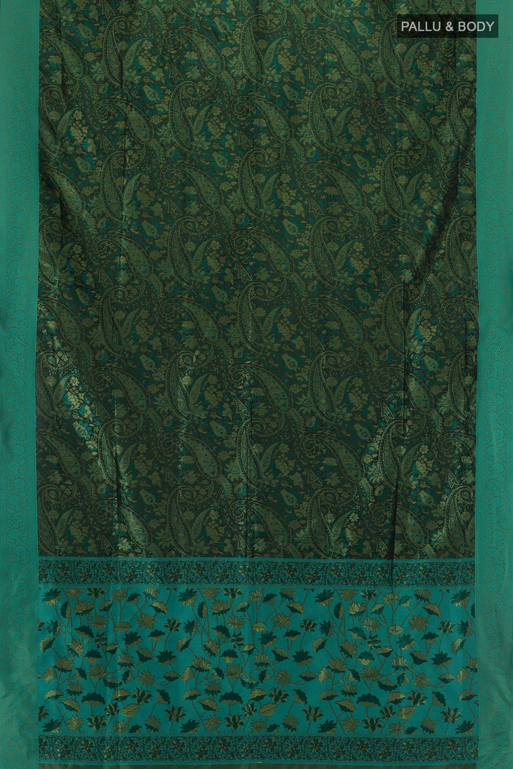 Flat view of Bottle Green Soft Silk Saree with Jacquard design on the body and Thread Border. 