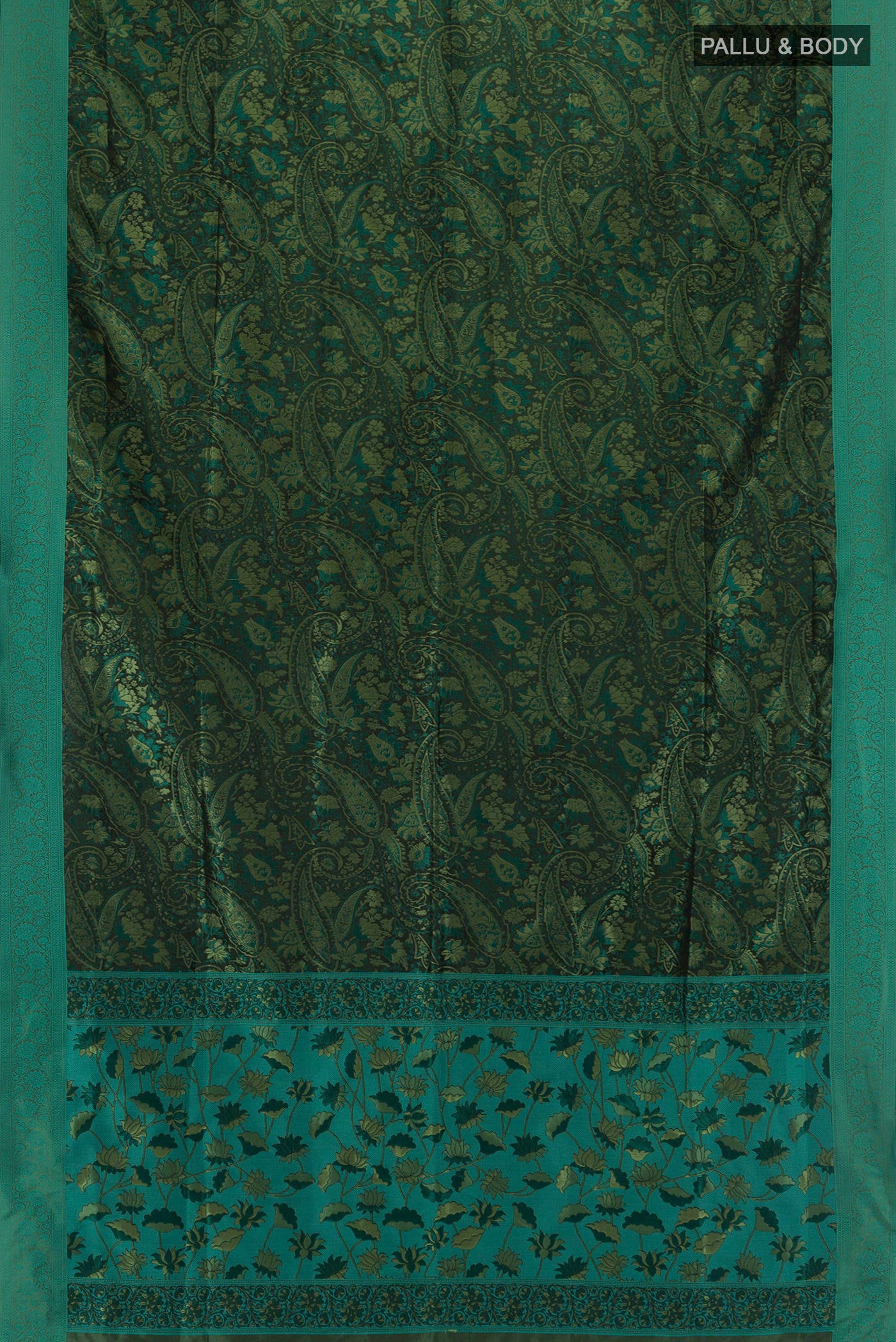 Flat view of Bottle Green Soft Silk Saree with Jacquard design on the body and Thread Border. 