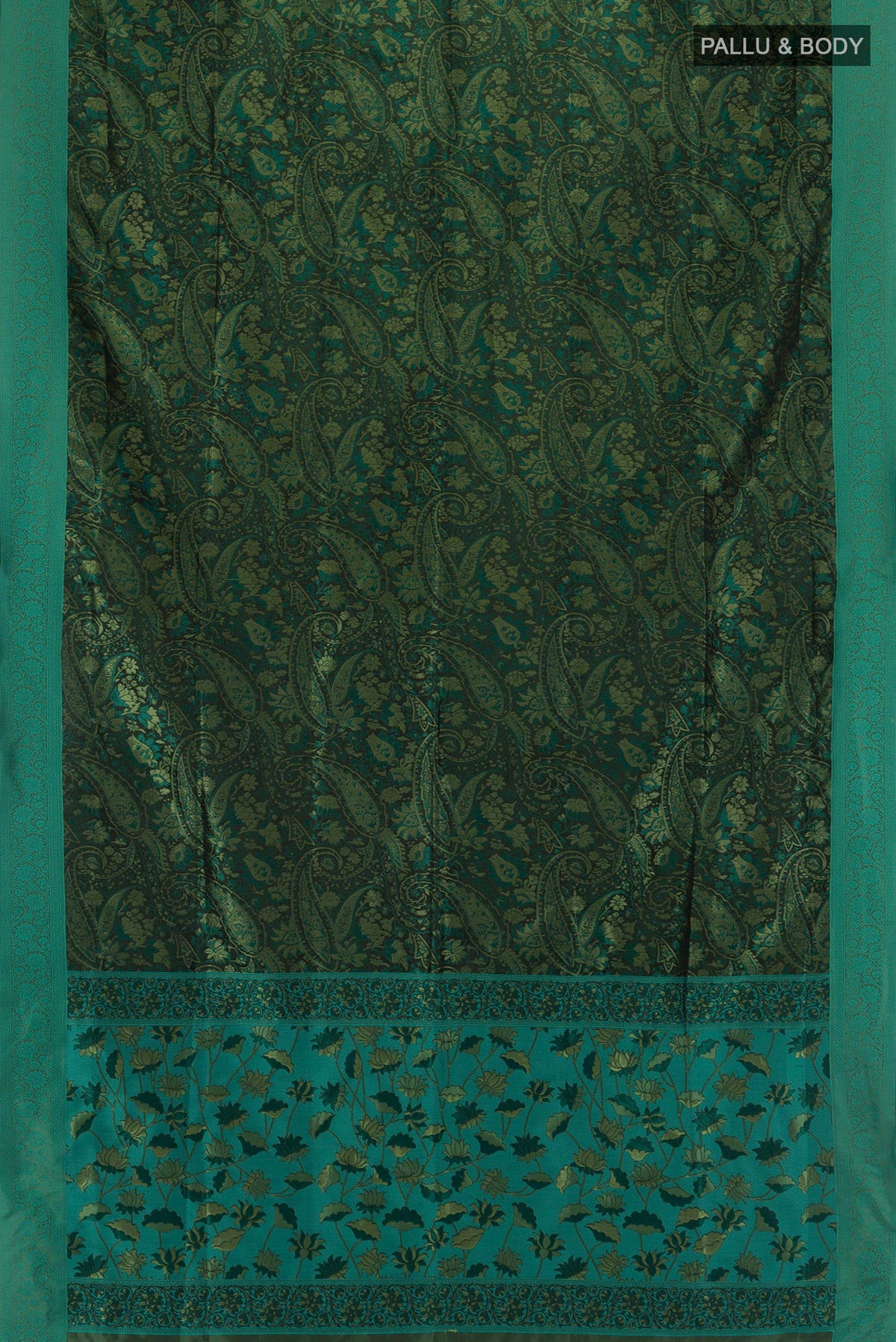 Flat view of Bottle Green Soft Silk Saree with Jacquard design on the body and Thread Border. 