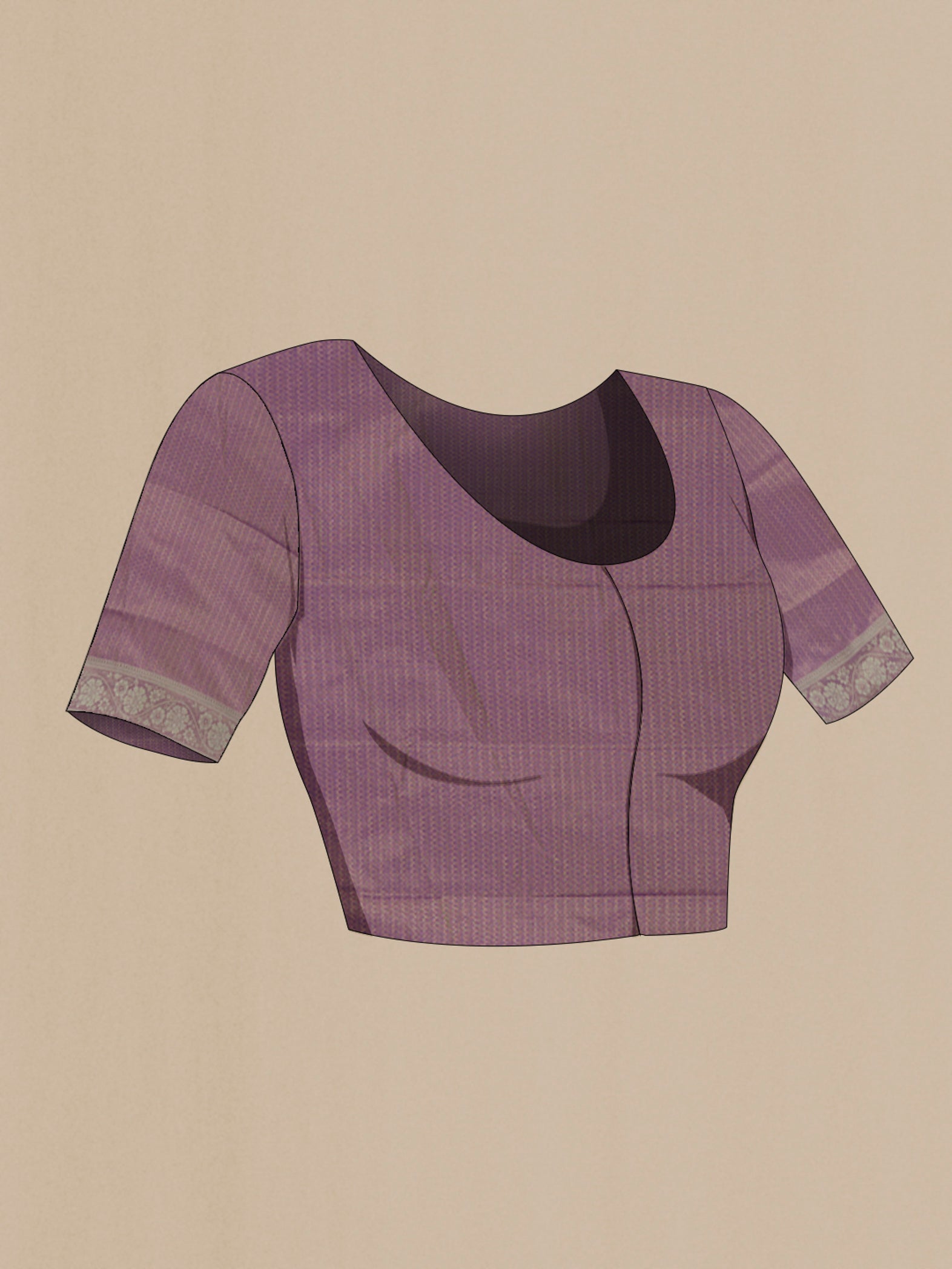 Close up image of the blouse of Violet Soft Silk Saree with Thread Butta on the body and Silk Border. 