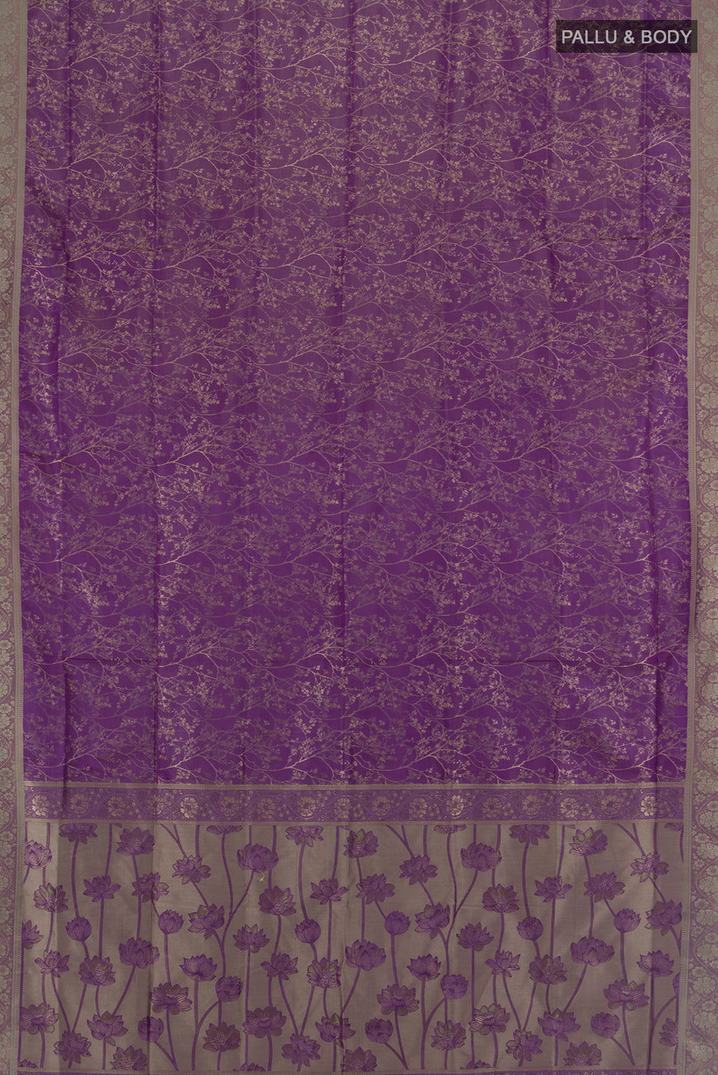 Flat view of Violet Soft Silk Saree with Thread Butta on the body and Silk Border. 