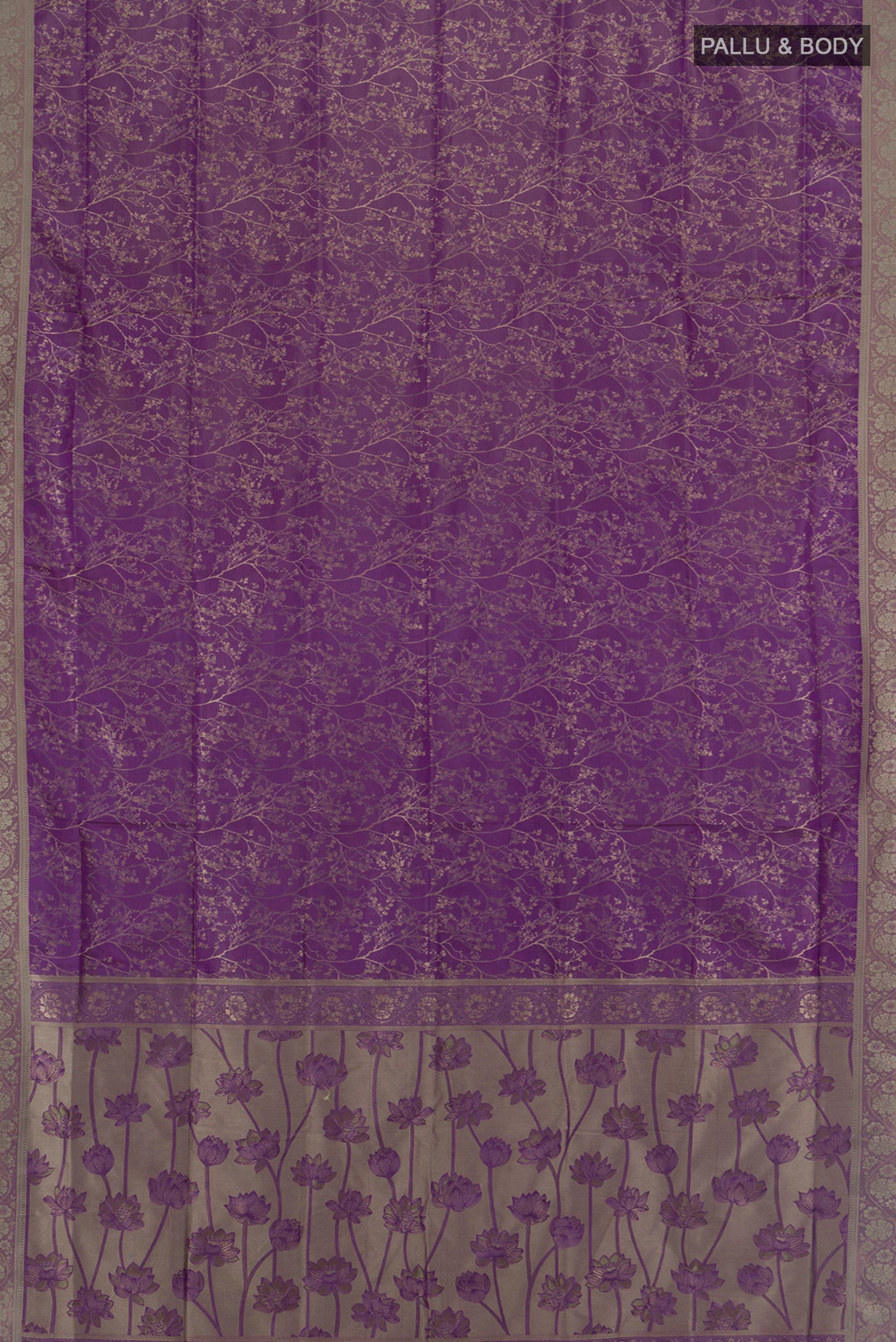 Flat view of Violet Soft Silk Saree with Thread Butta on the body and Silk Border. 
