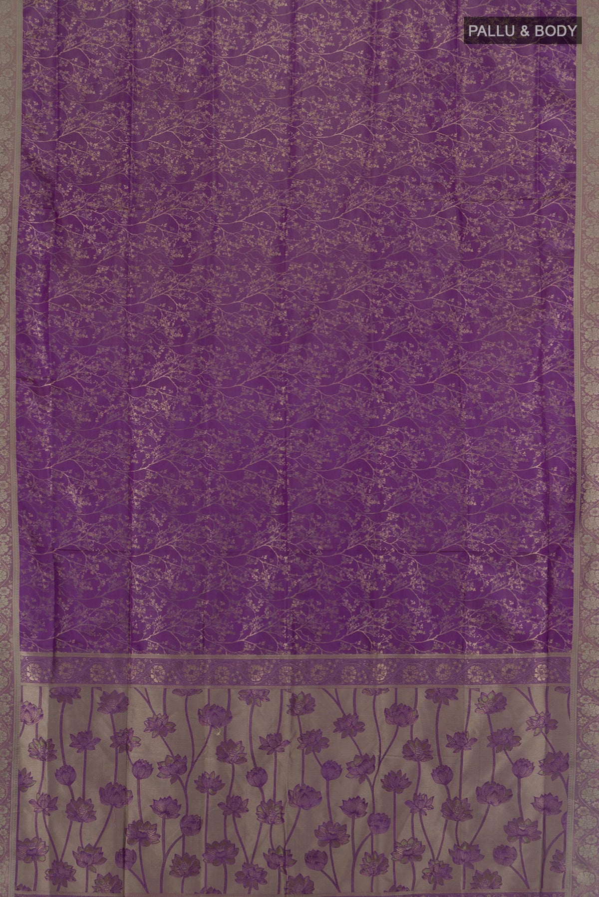 Flat view of Violet Soft Silk Saree with Thread Butta on the body and Silk Border. 