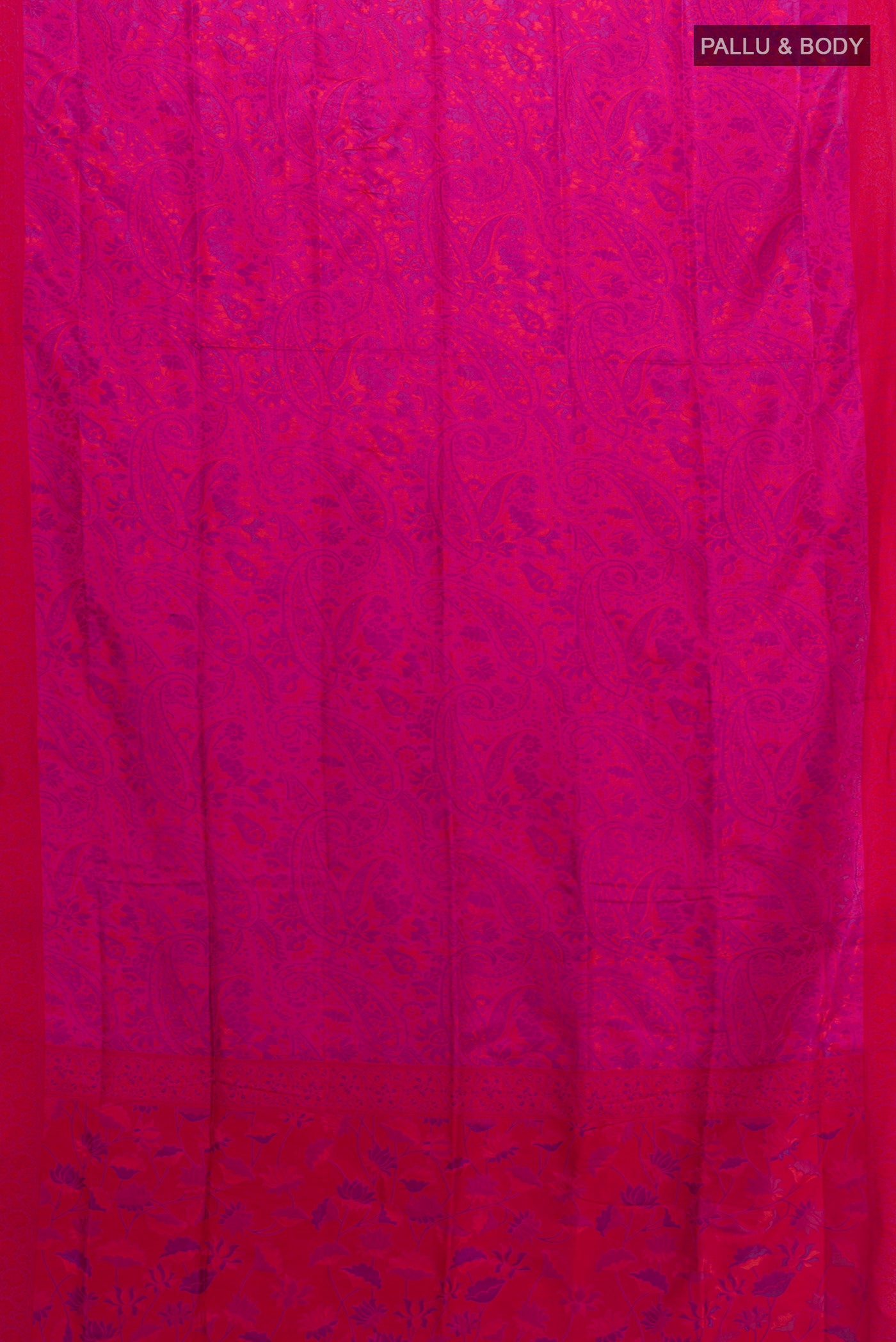 Flat view of Magenta Soft Silk Saree with Jacquard design on the body and Thread Border. 