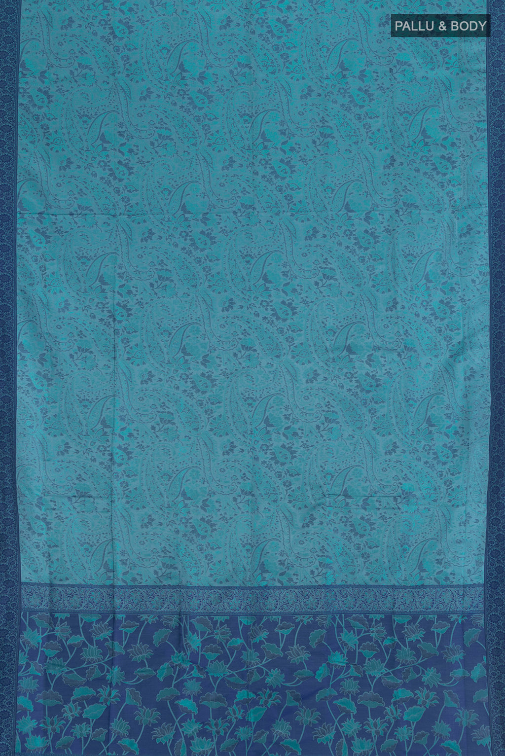 Flat view of Grey Soft Silk Saree with Jacquard design on the body and Thread Border. 
