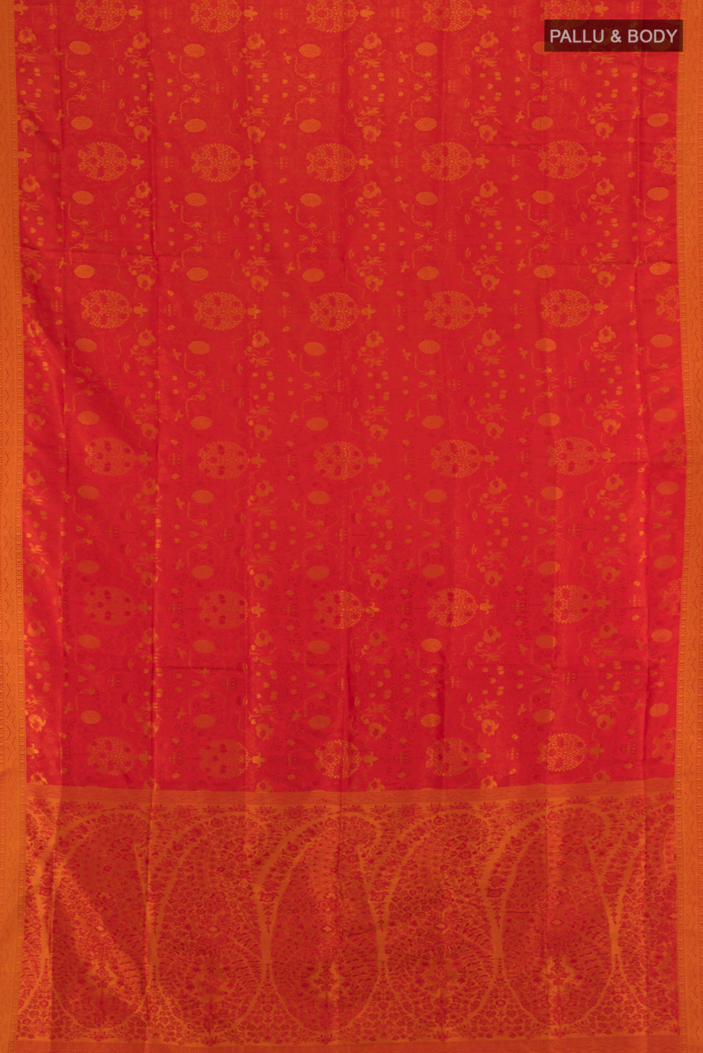 Flat view of Red Soft Silk Saree with Jacquard design on the body and Thread Border. 