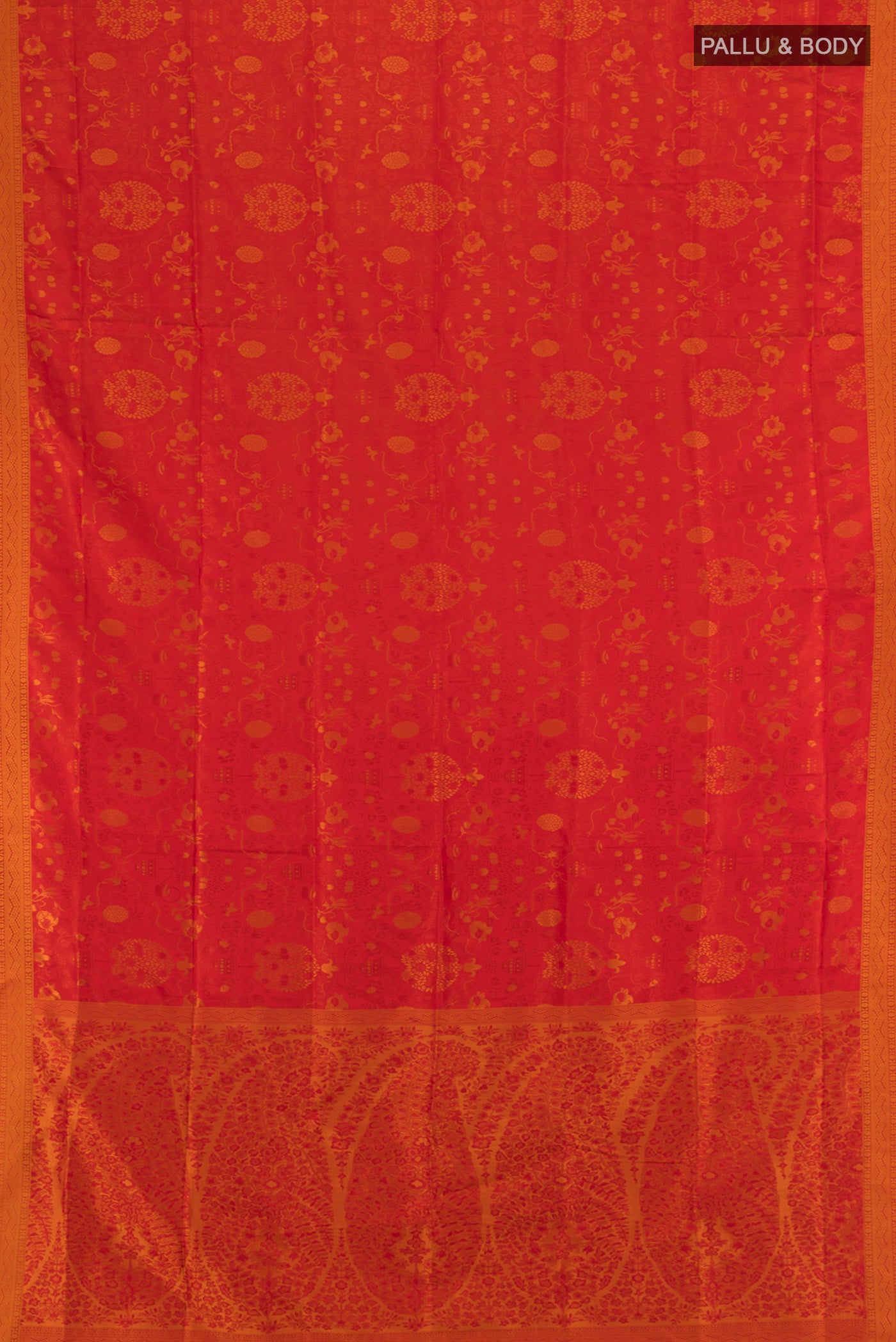 Flat view of Red Soft Silk Saree with Jacquard design on the body and Thread Border. 