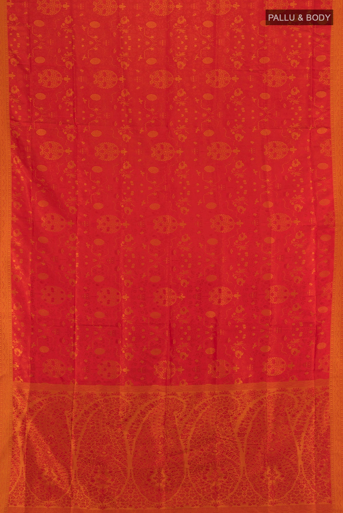 Flat view of Red Soft Silk Saree with Jacquard design on the body and Thread Border. 