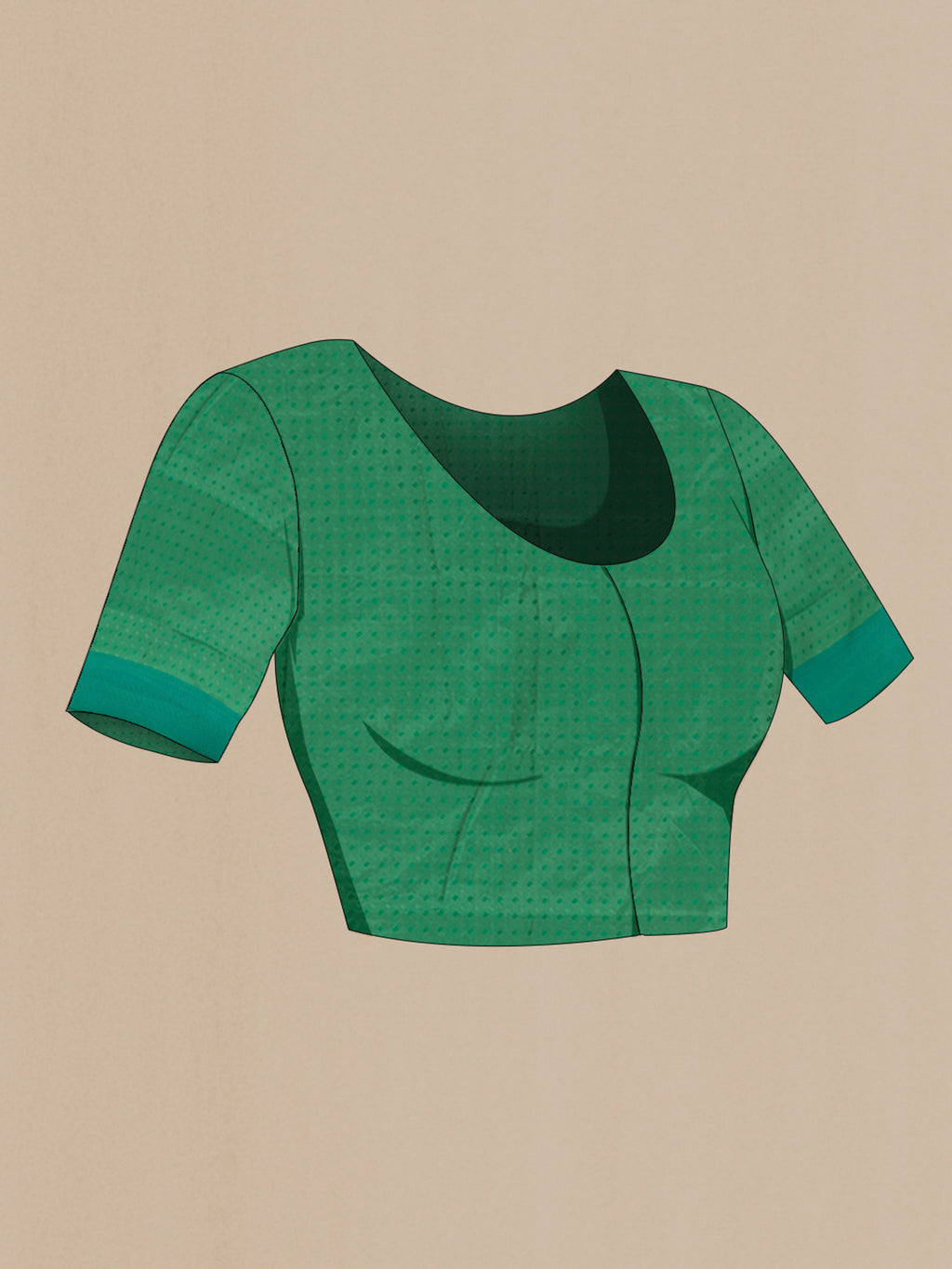 Close up image of the blouse of Green Soft Silk Saree with Jacquard design on the body and Thread Border. 