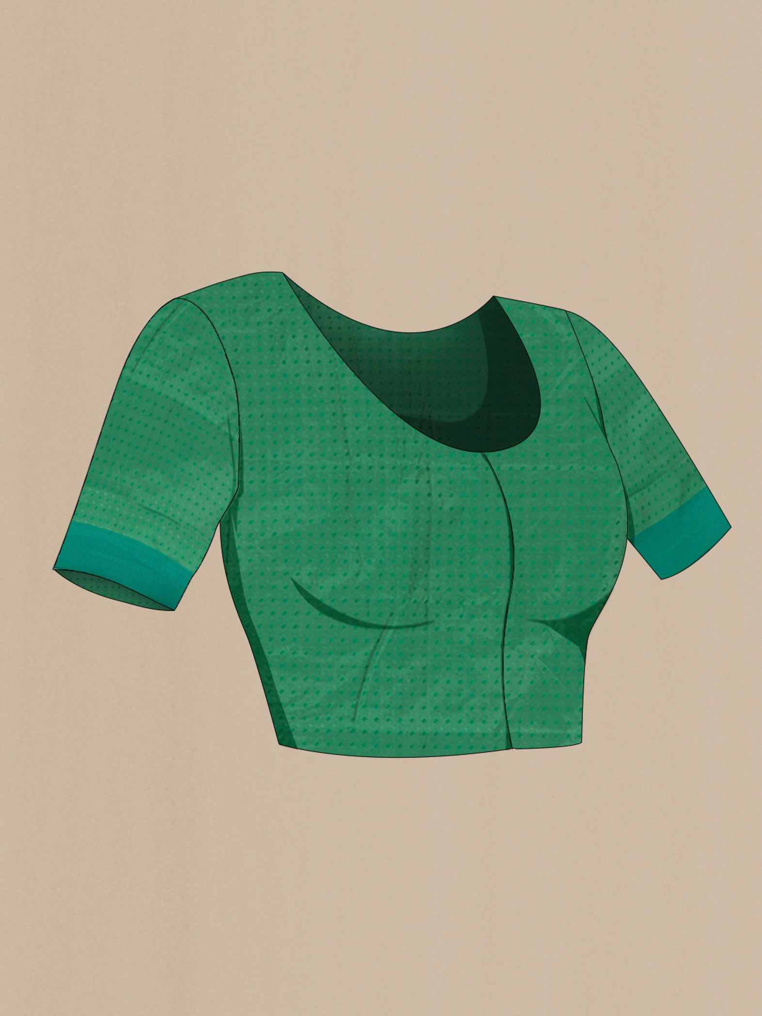 Close up image of the blouse of Green Soft Silk Saree with Jacquard design on the body and Thread Border. 