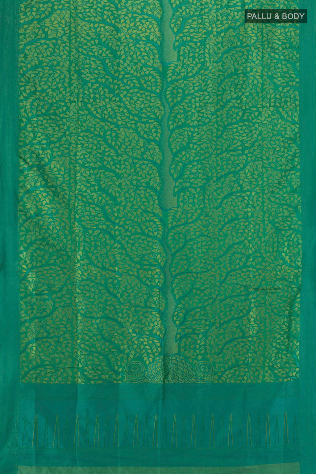 Flat view of Green Soft Silk Saree with Jacquard design on the body and Thread Border. 