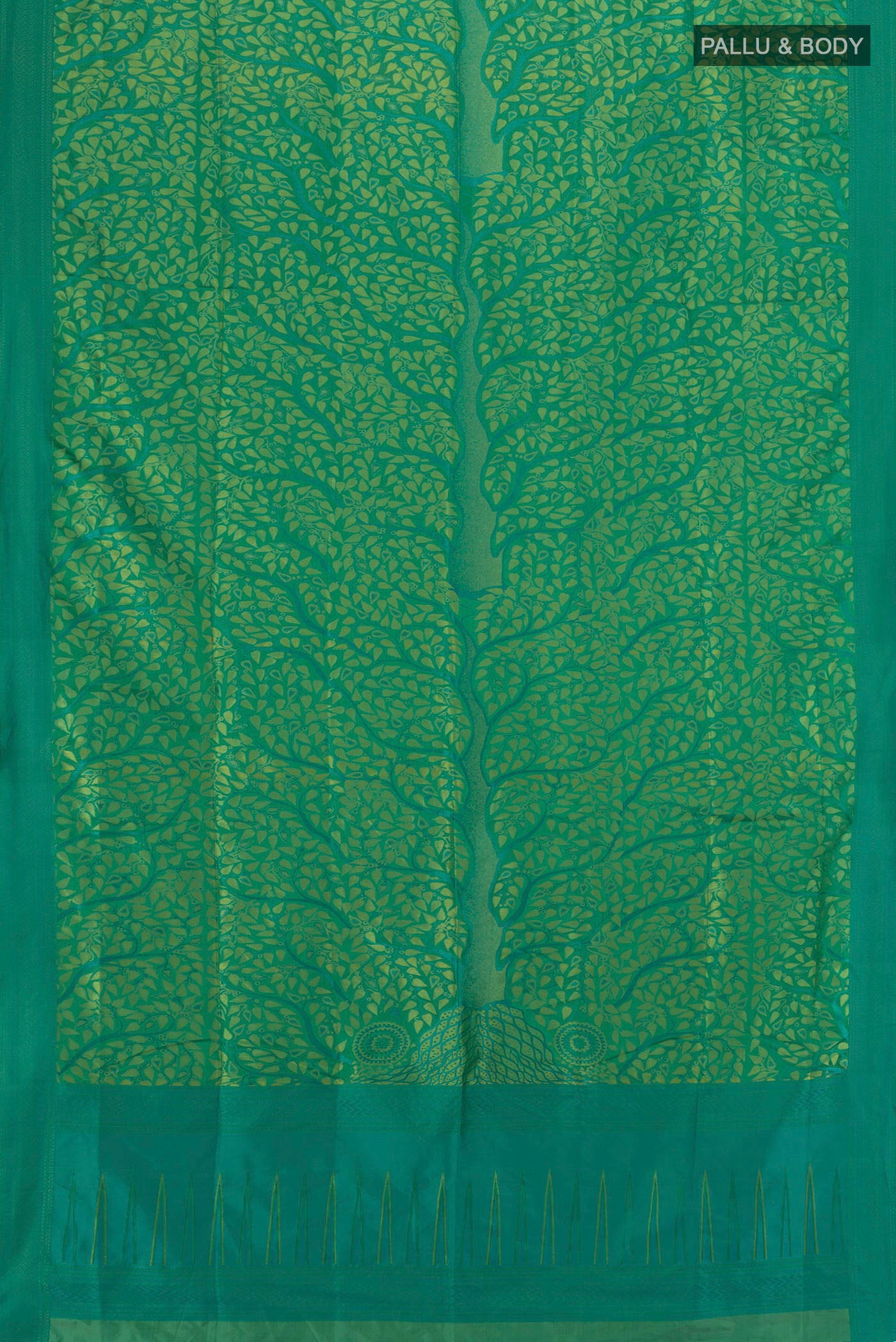 Flat view of Green Soft Silk Saree with Jacquard design on the body and Thread Border. 