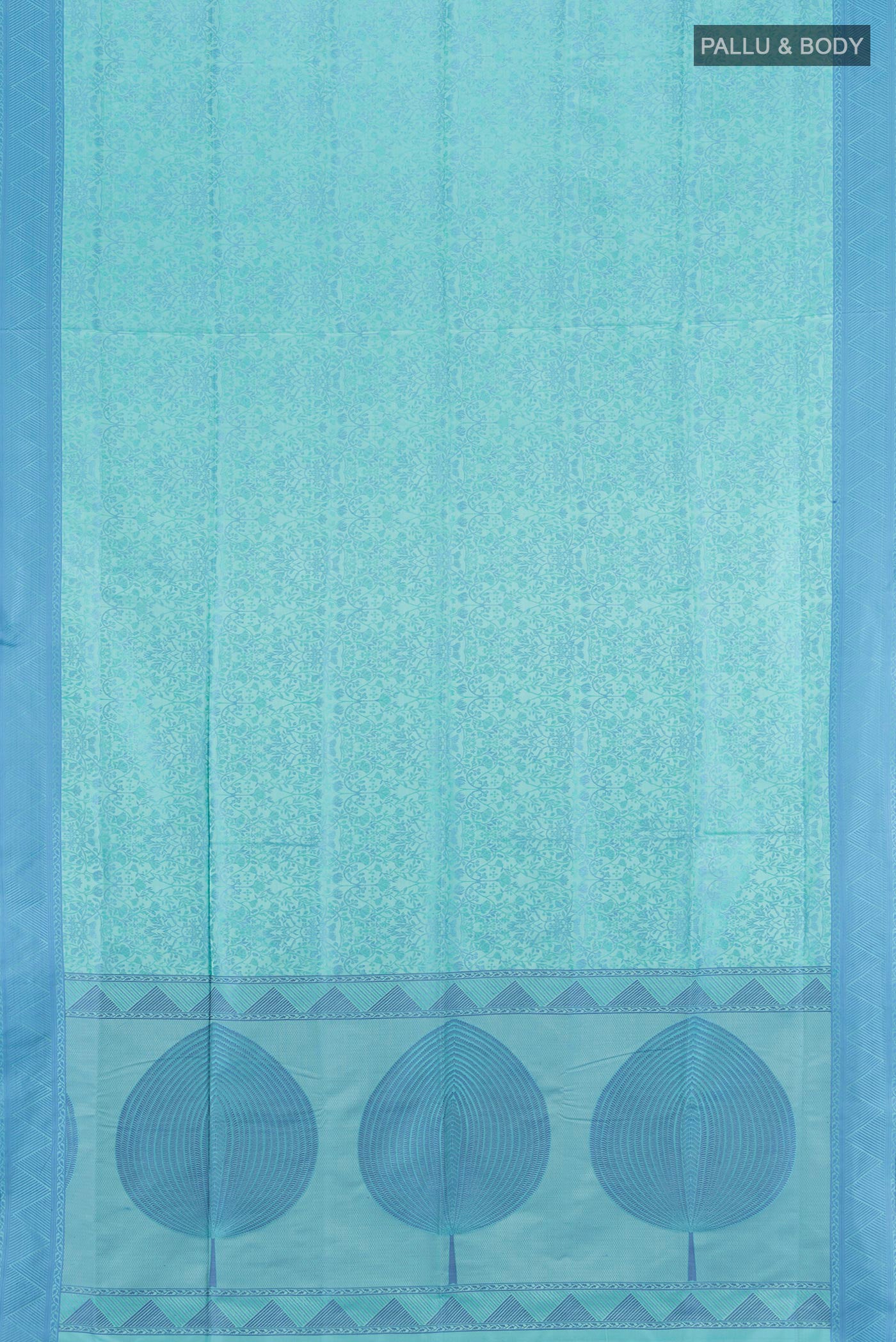 Flat view of Light Blue Soft Silk Saree with Jacquard design on the body and Thread Border. 