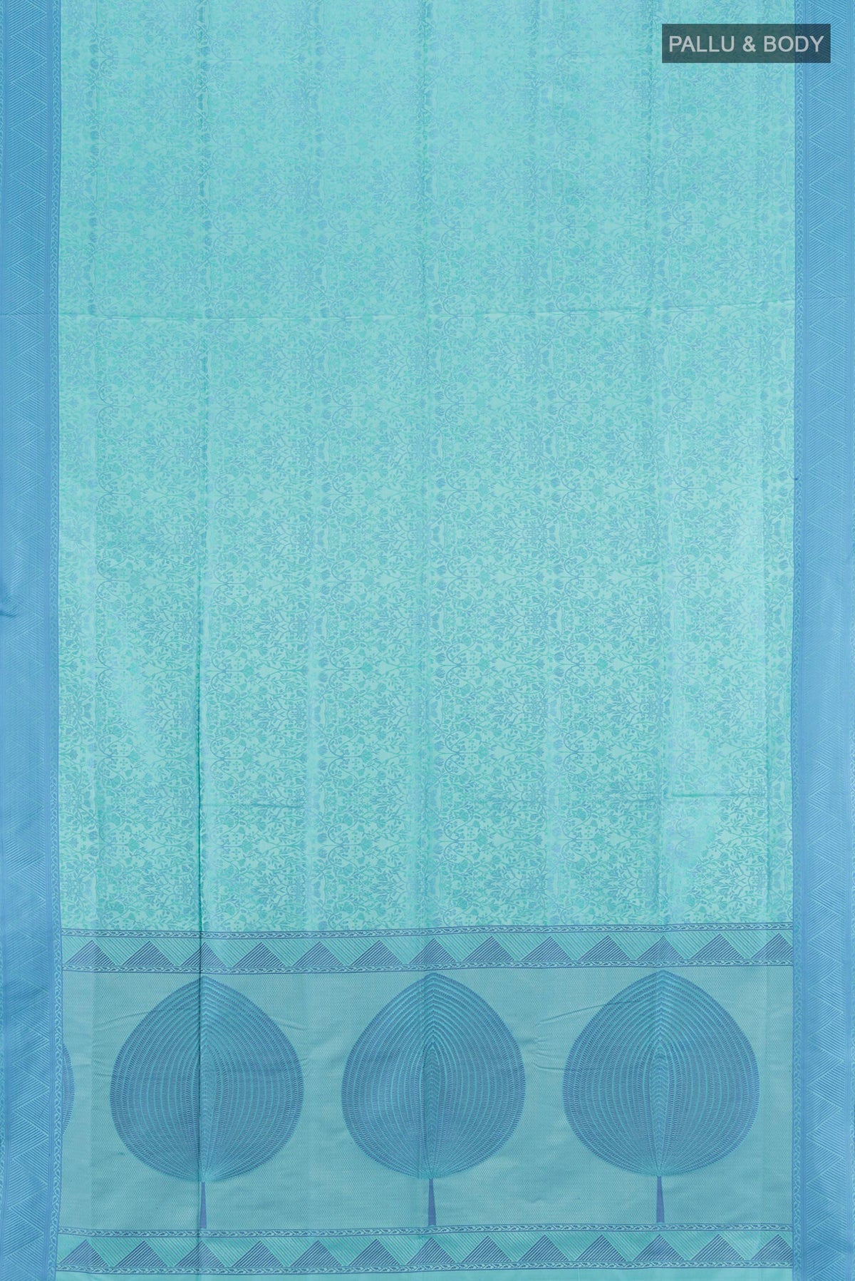 Flat view of Light Blue Soft Silk Saree with Jacquard design on the body and Thread Border. 