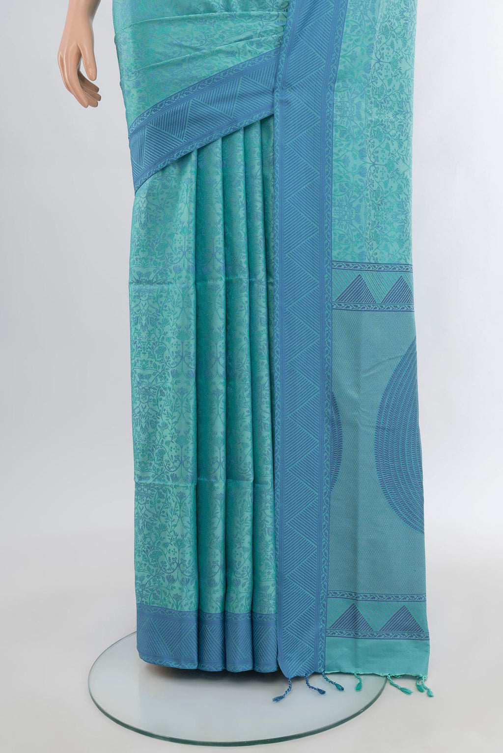 Pleats and pallu of Light Blue Soft Silk Saree with Jacquard design on the body and Thread Border. 