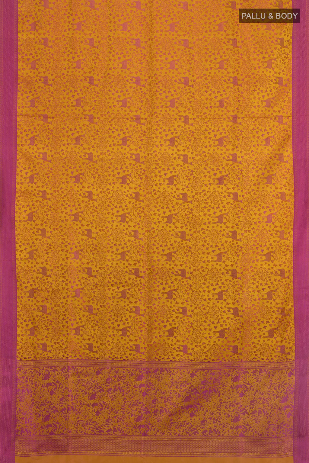 Flat view of Pure Silk Mustard Soft Saree with Jacquard design on the body and Thread Border. 