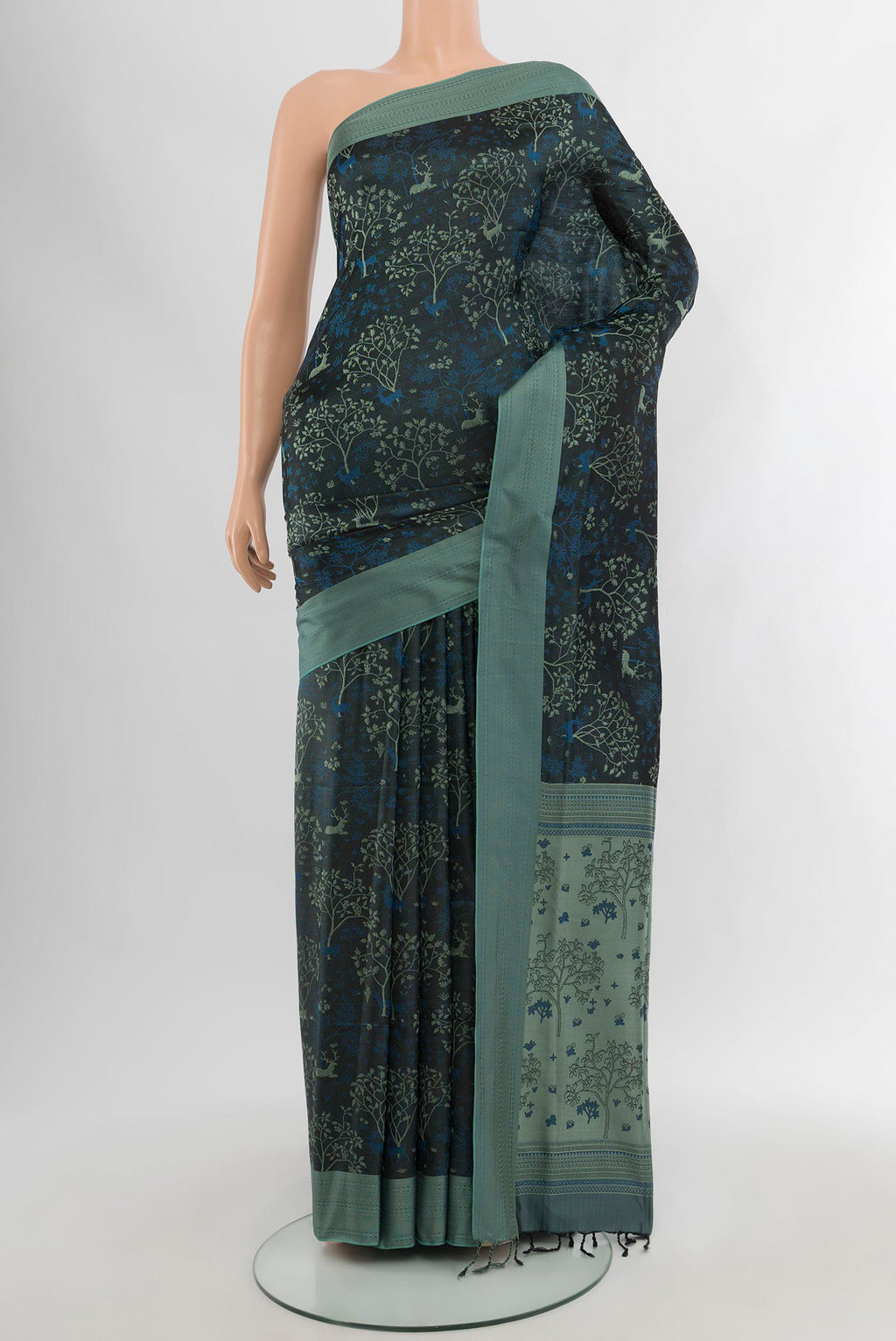 Black Soft Silk Saree with Jacquard design on the body and Thread Border.  displayed on a mannequin
