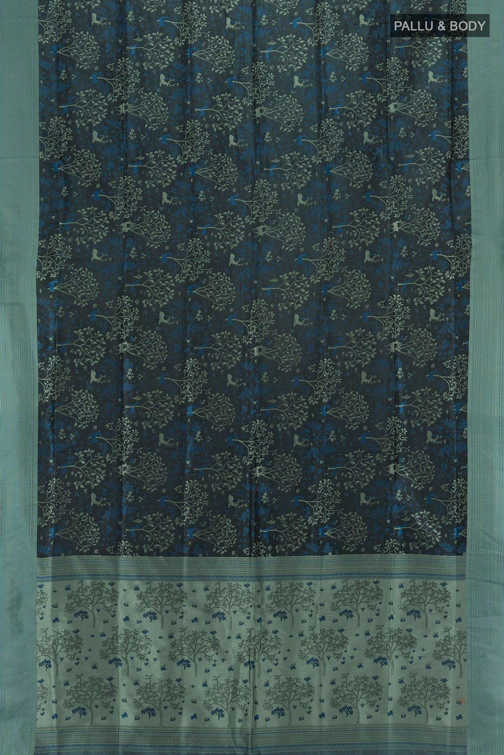 Flat view of Black Soft Silk Saree with Jacquard design on the body and Thread Border. 