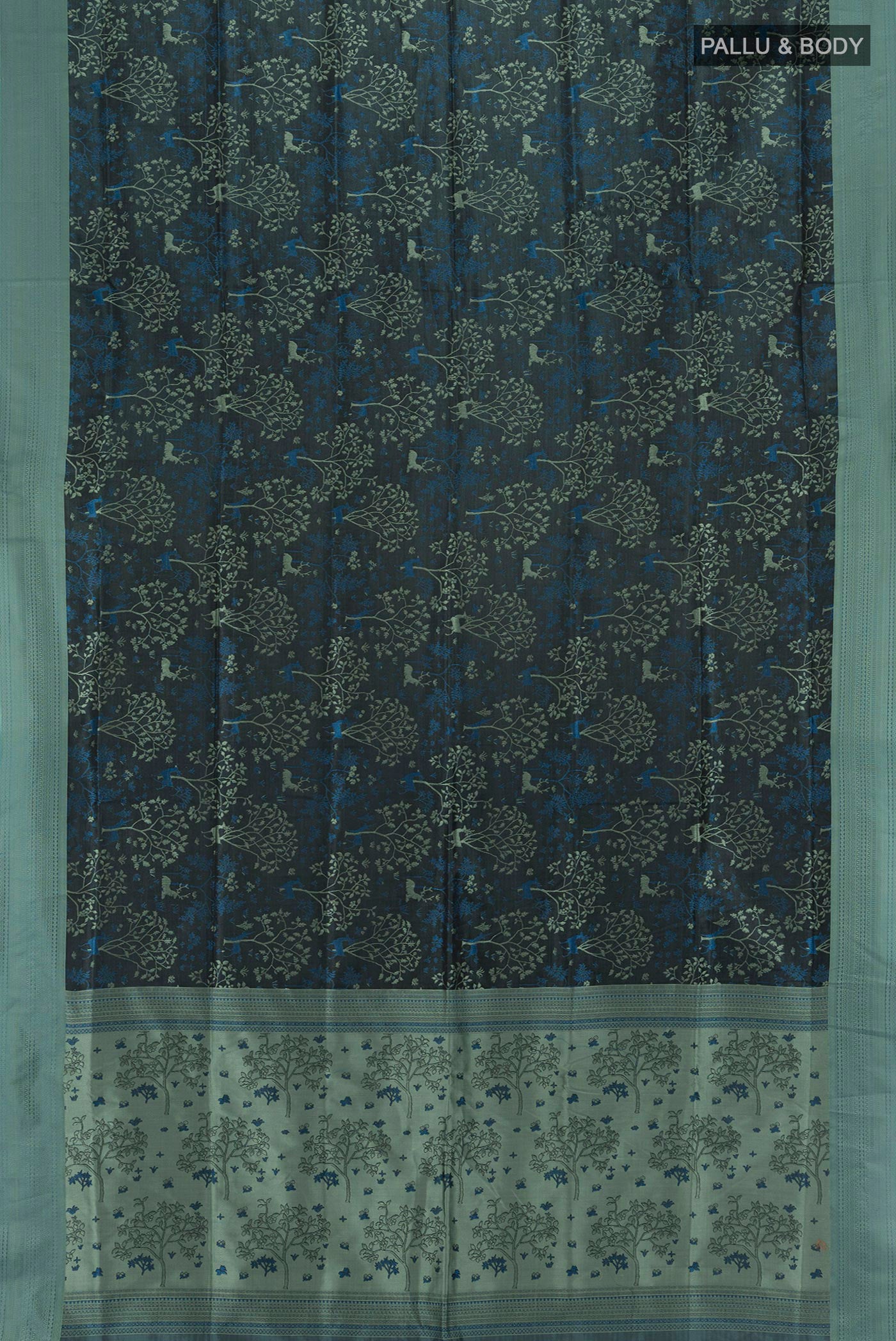 Flat view of Black Soft Silk Saree with Jacquard design on the body and Thread Border. 
