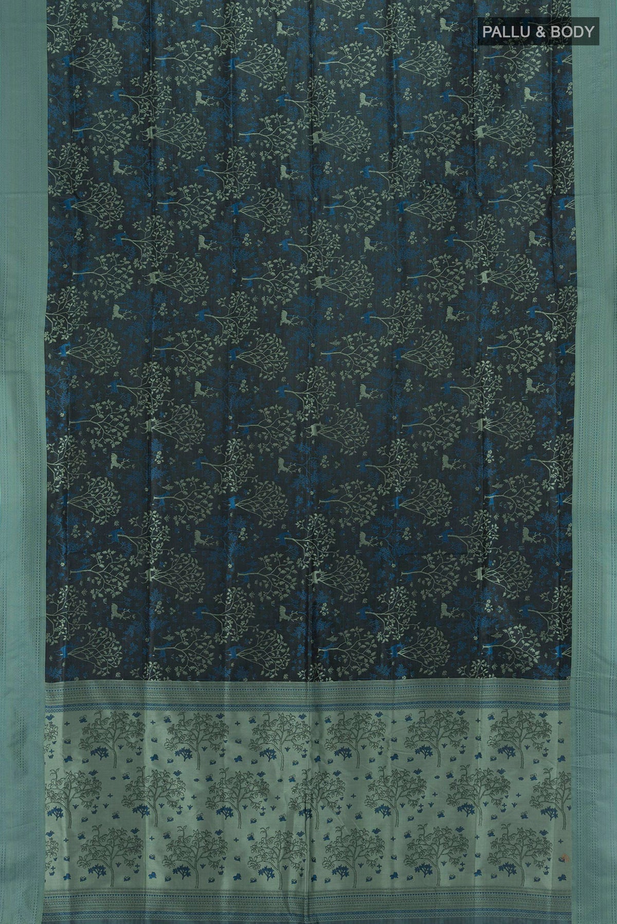 Flat view of Black Soft Silk Saree with Jacquard design on the body and Thread Border. 