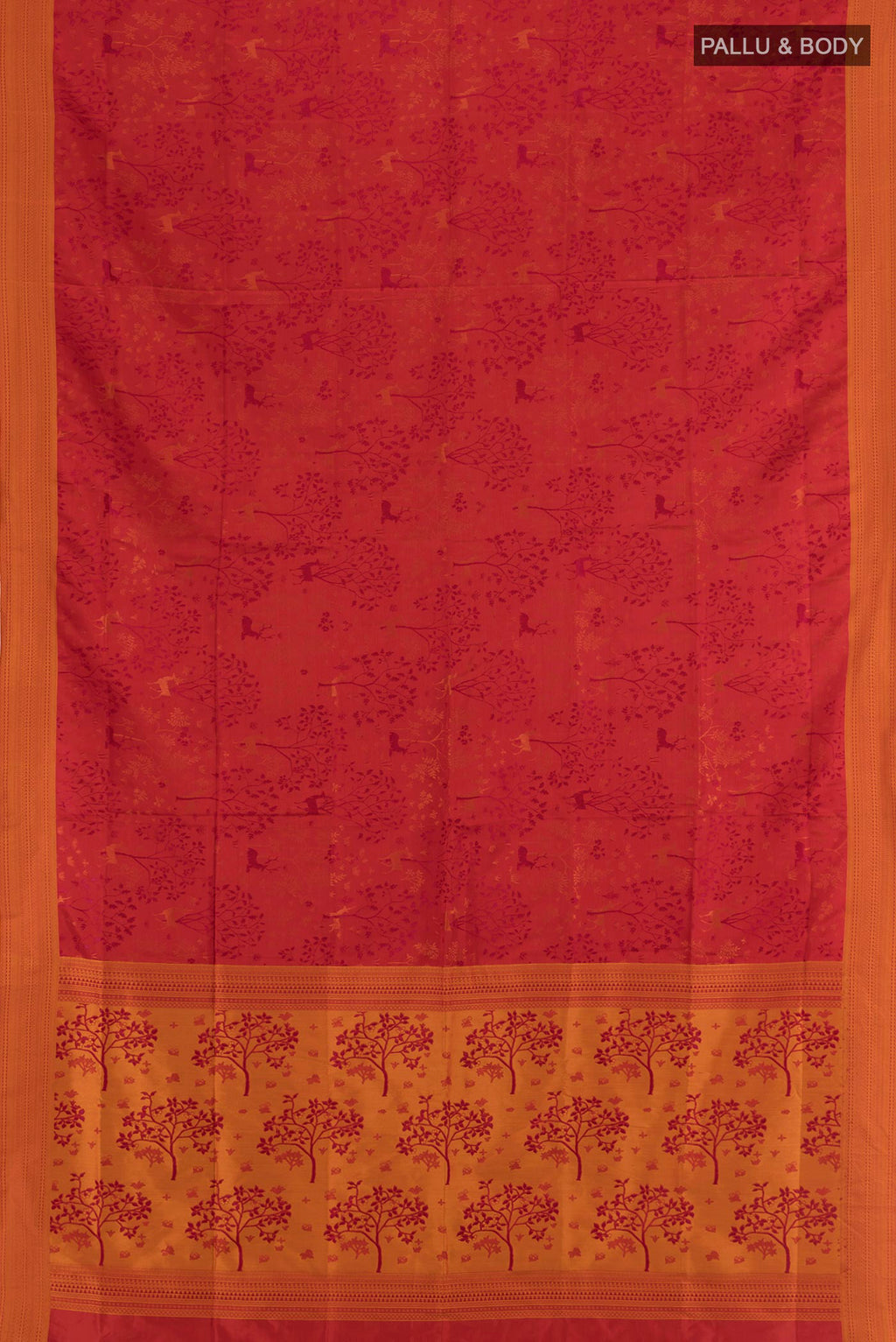 Flat view of Red Soft Silk Saree with Jacquard design on the body and Thread Border. 